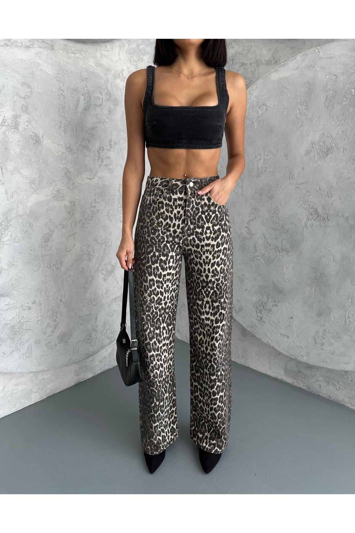 ZEO BASİC WİDE-LEG PANTOLON LEOPAR DESNLİ BEJ
