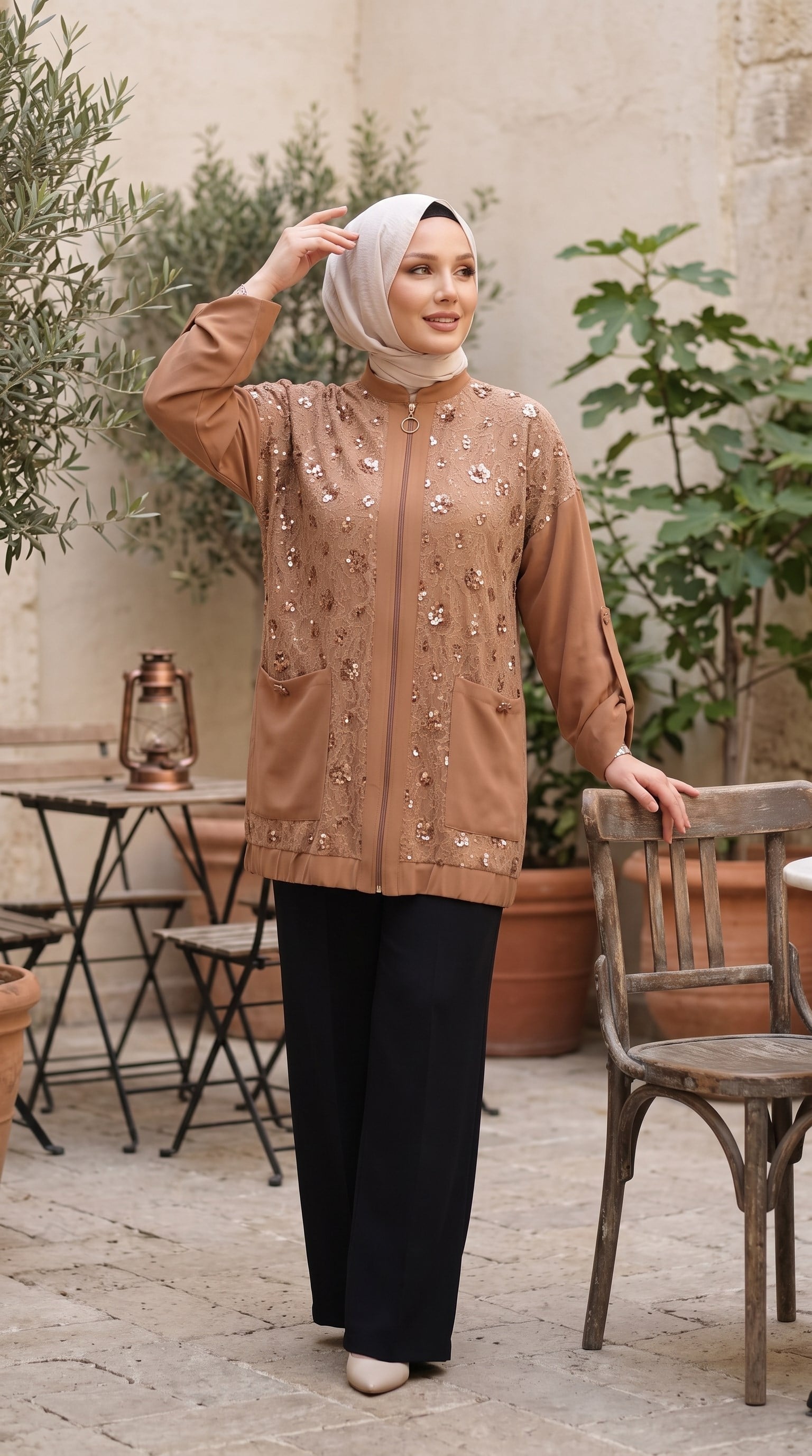  Pullu Dantel Kombinli Fermuarlı Hırka 3165