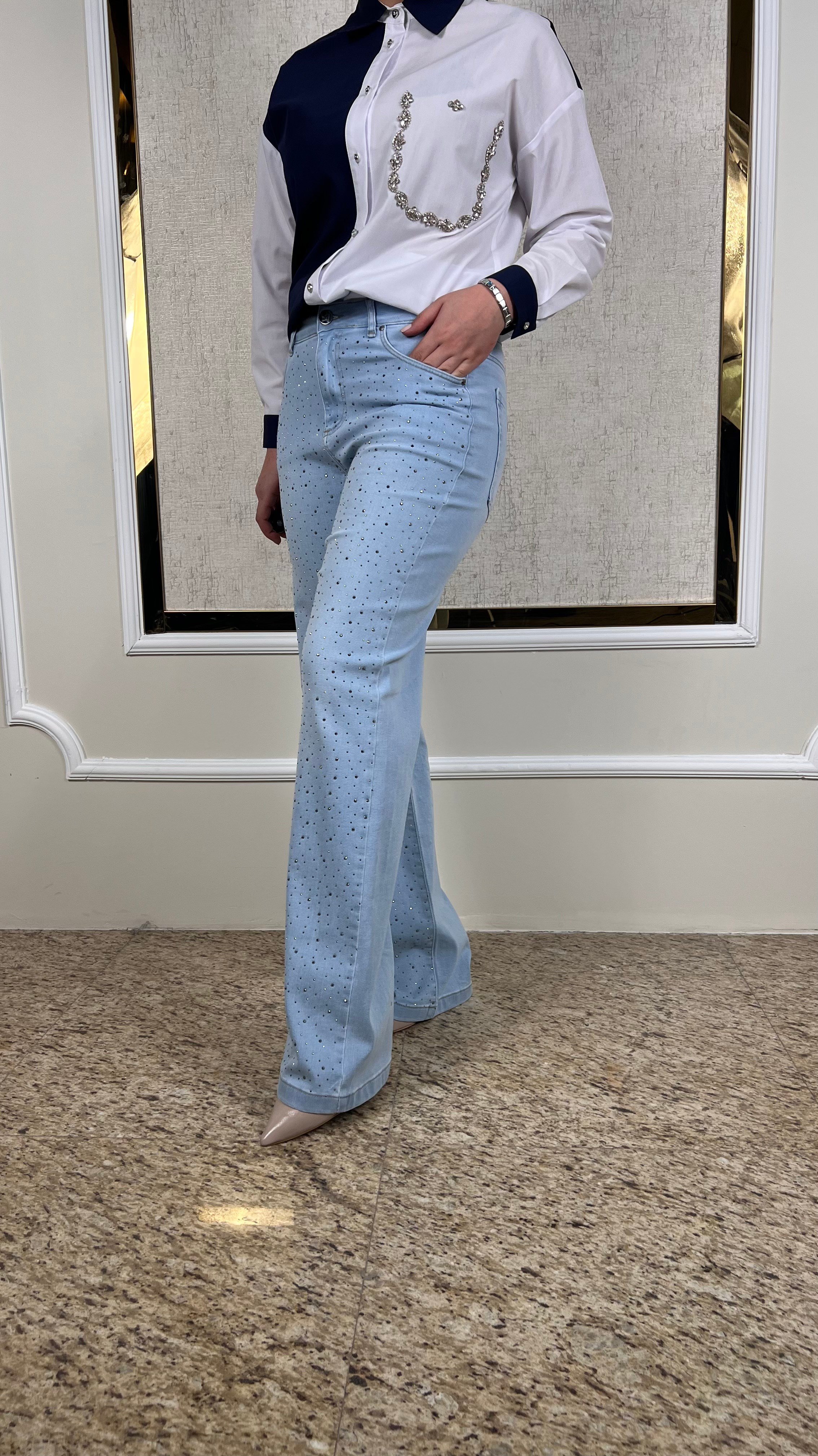 Önü Taşlı Likralı Palazzo Jean Pantolon P327