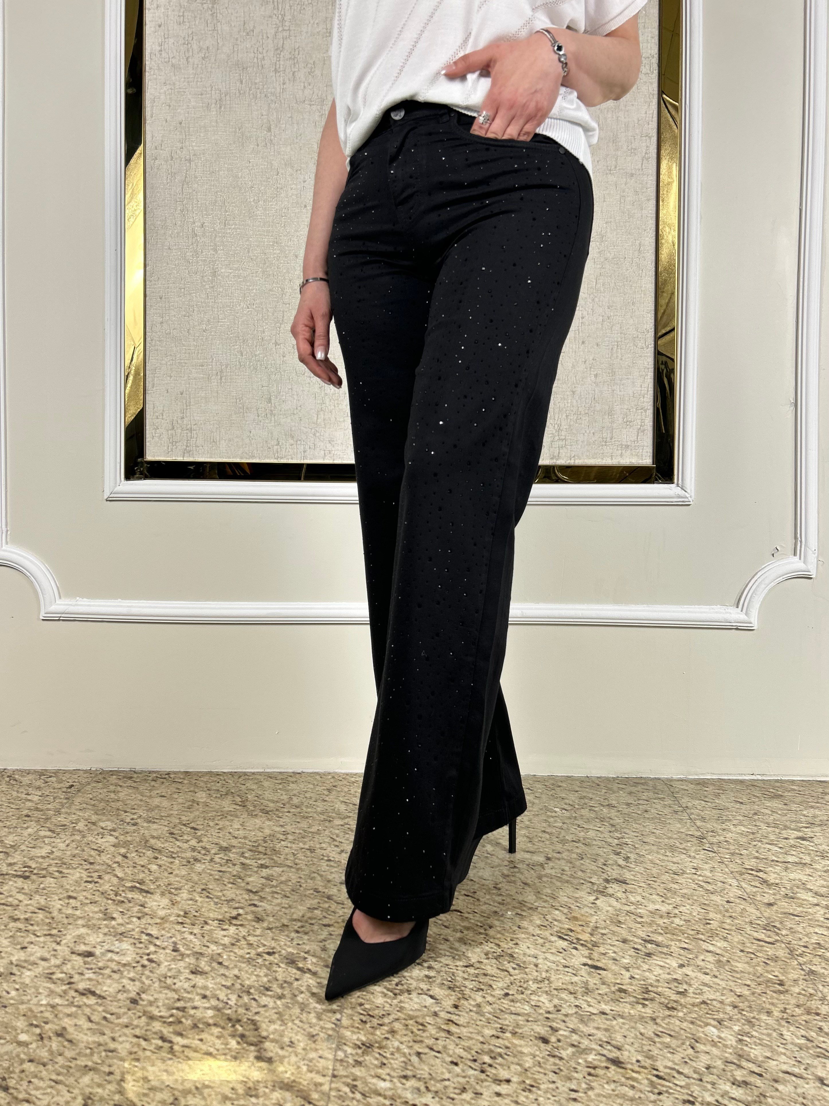 Önü Taşlı Likralı Palazzo Jean Pantolon P327