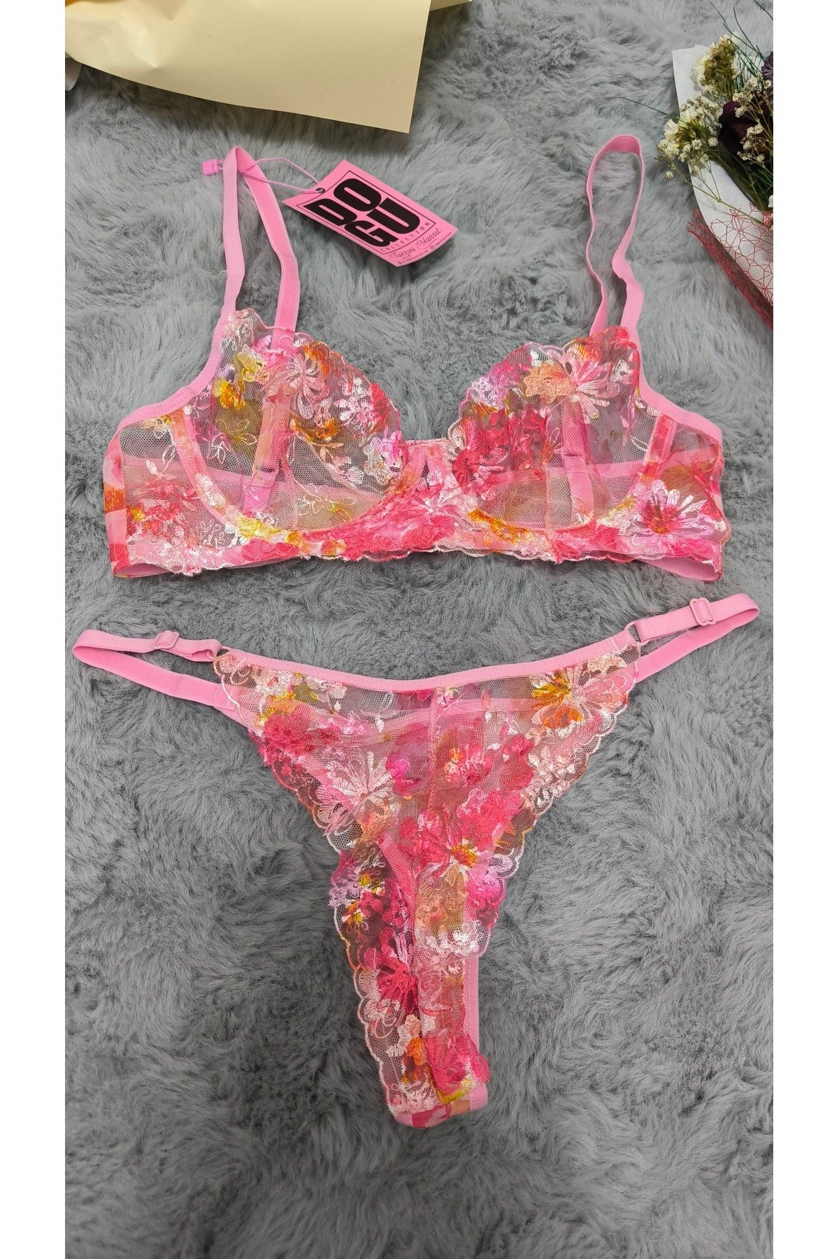 Çiçek Desenli Dantel & Tül Sütyen Külot Takımı Bralet Külot Takımı