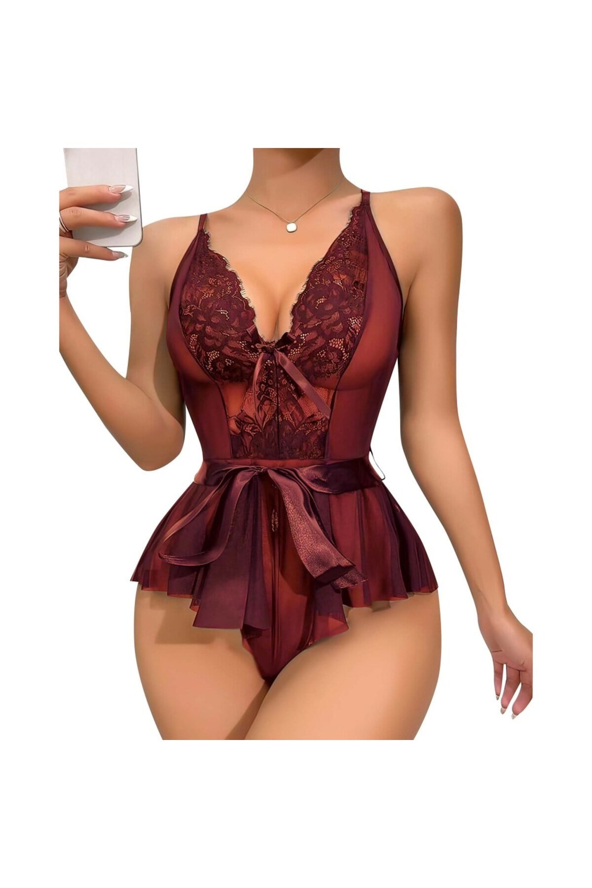 Kuşaklı Dantelli Kadın Fantazi Gecelik Bordo