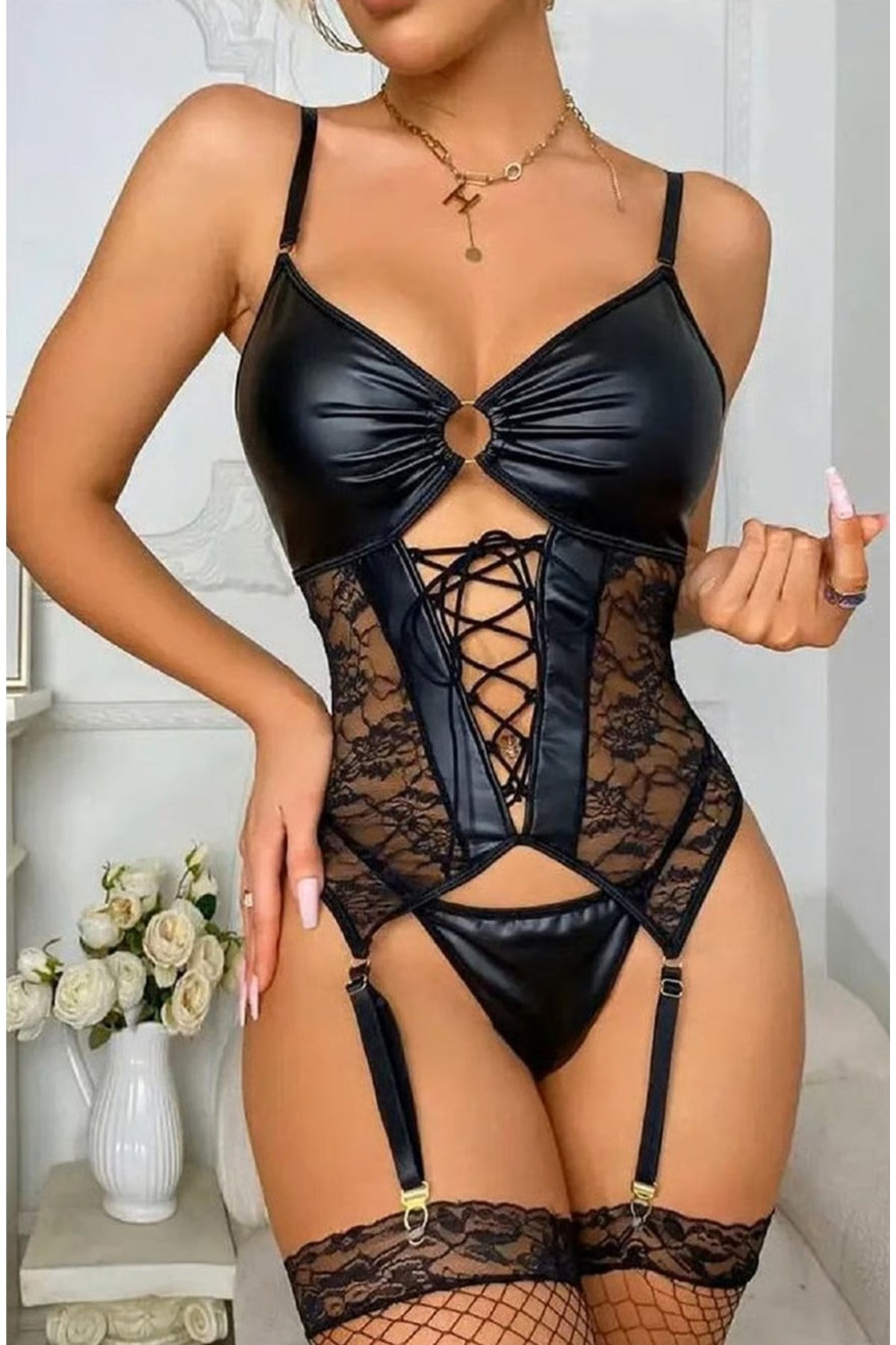 Lame Deri Ipli Elbise Siyah Seksi Gece Fantazi Elbise Kostü