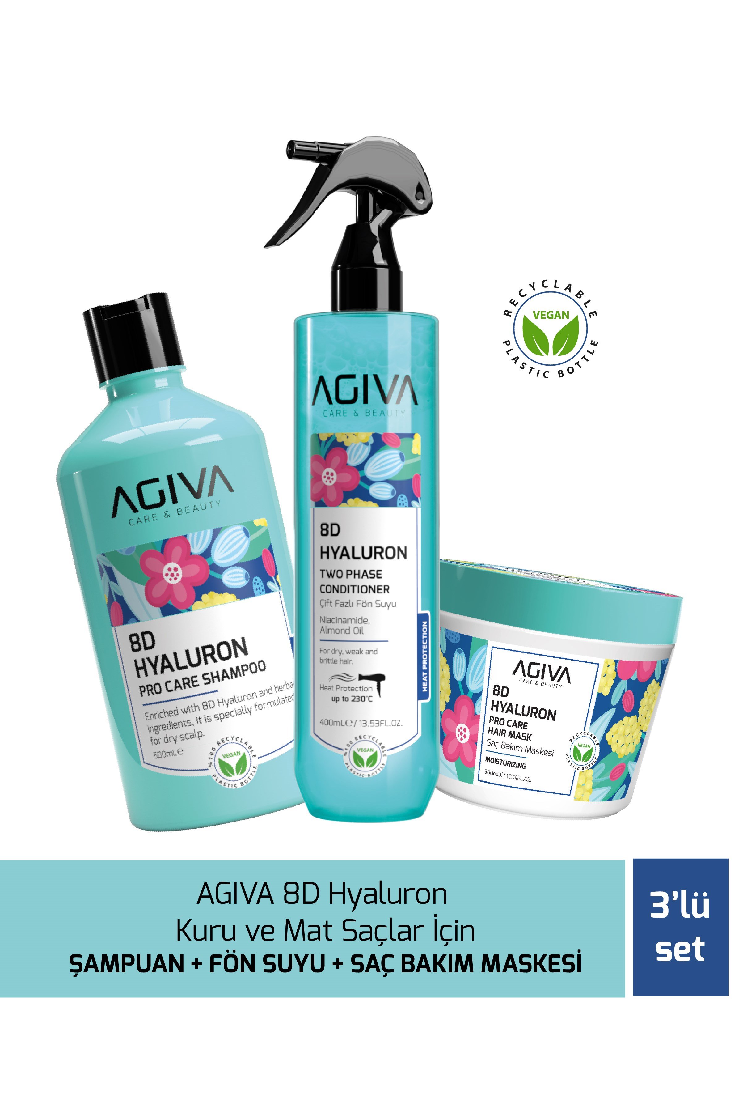 AGİVA CARE & BEAUTY 8d Hyaluron Kuru ve Mat Saçlar İçin Şampuan + Fön Suyu + Saç Bakım Maskesi - 3'lü Saç Bakım Seti