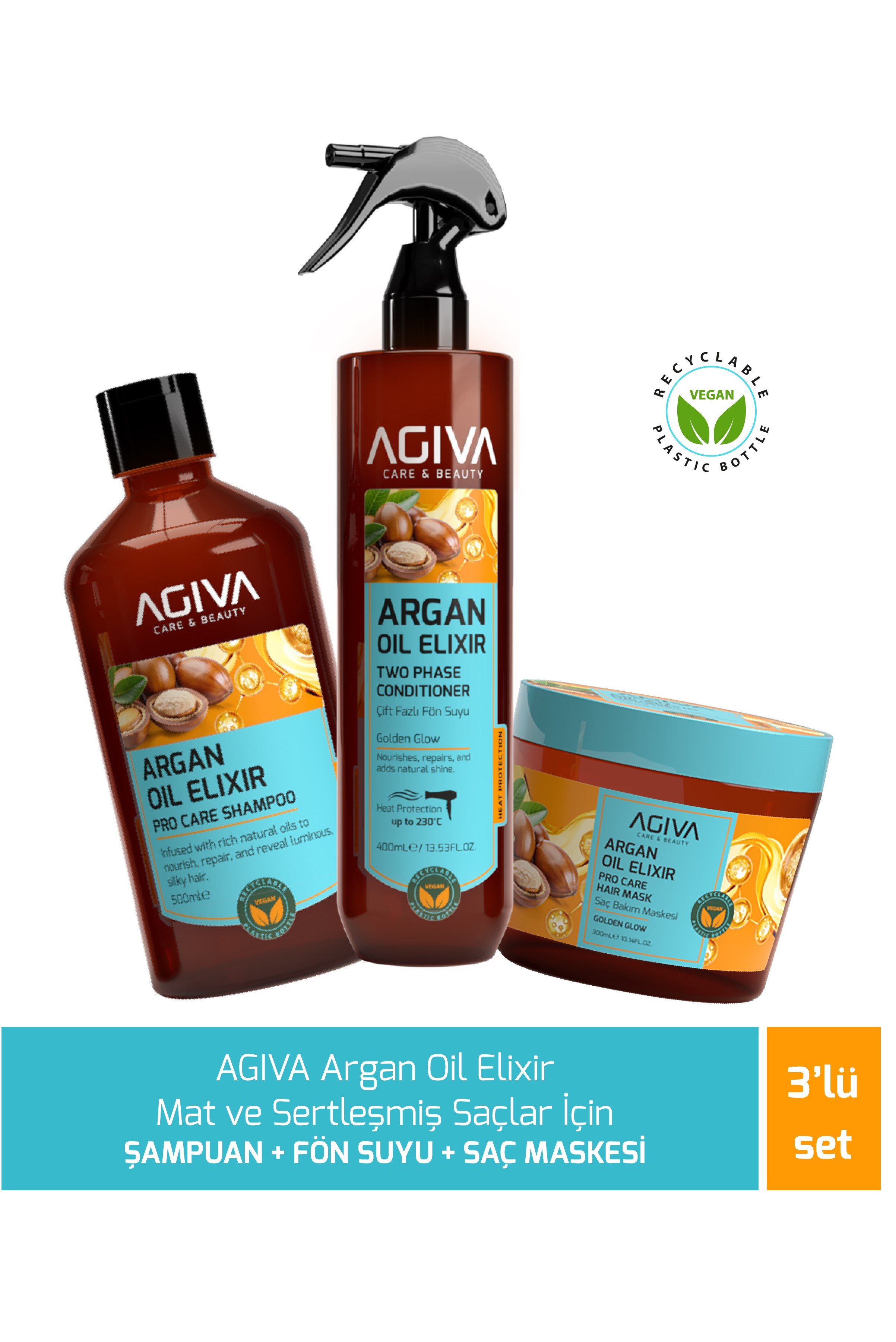 AGİVA CARE & BEAUTY Argan Oil Elixir Kuru, Mat ve Sertleşmiş Saçlar İçin Şampuan + Fön Suyu + Saç Maskesi - 3'lü Saç Bakım Seti
