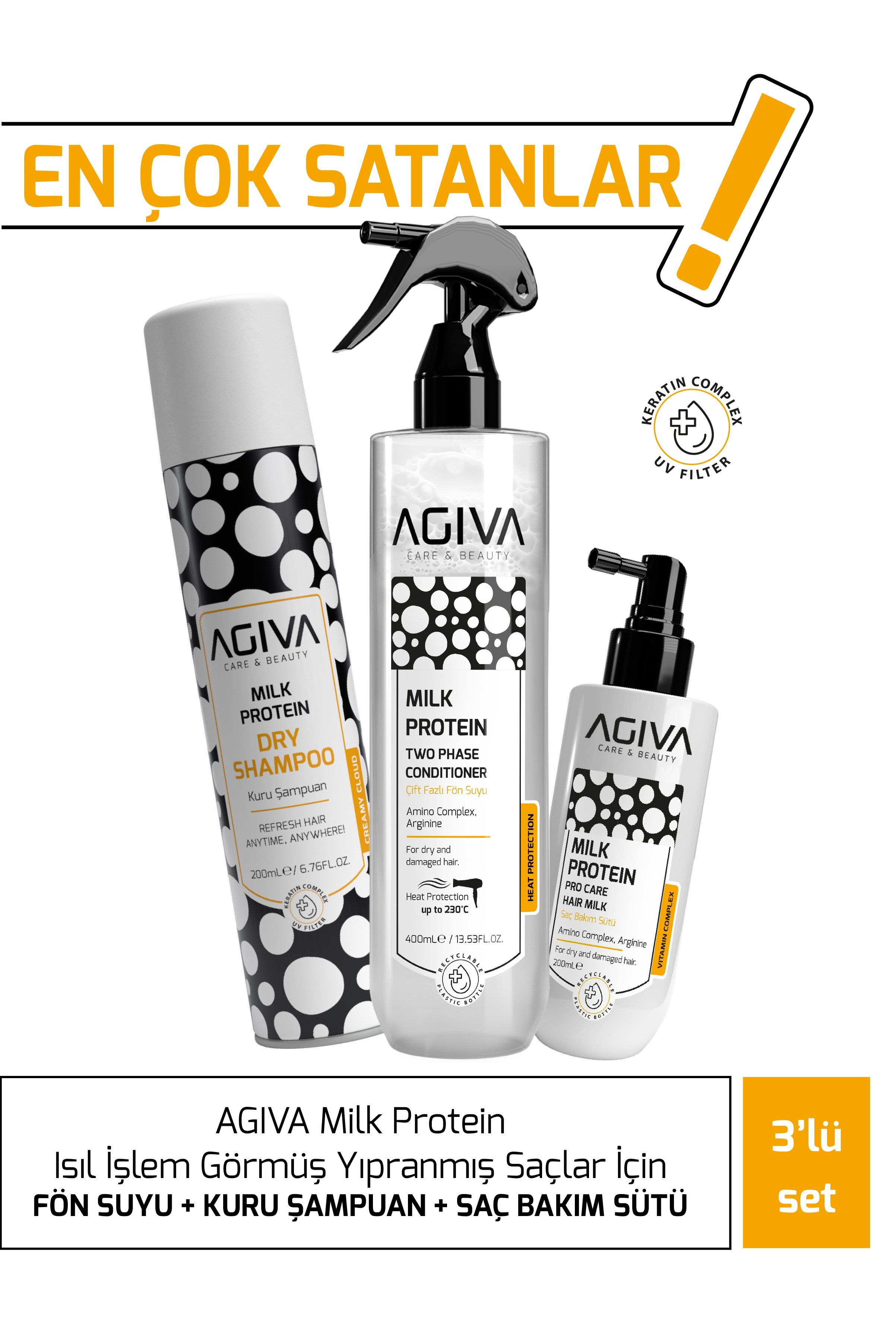 AGİVA CARE & BEAUTY Milk Protein Isıl İşlem Görmüş Yıpranmış Saçlar İçin Fön Suyu + Kuru Şampuan + Bakım Sütü - 3'lü Saç Bakım Seti