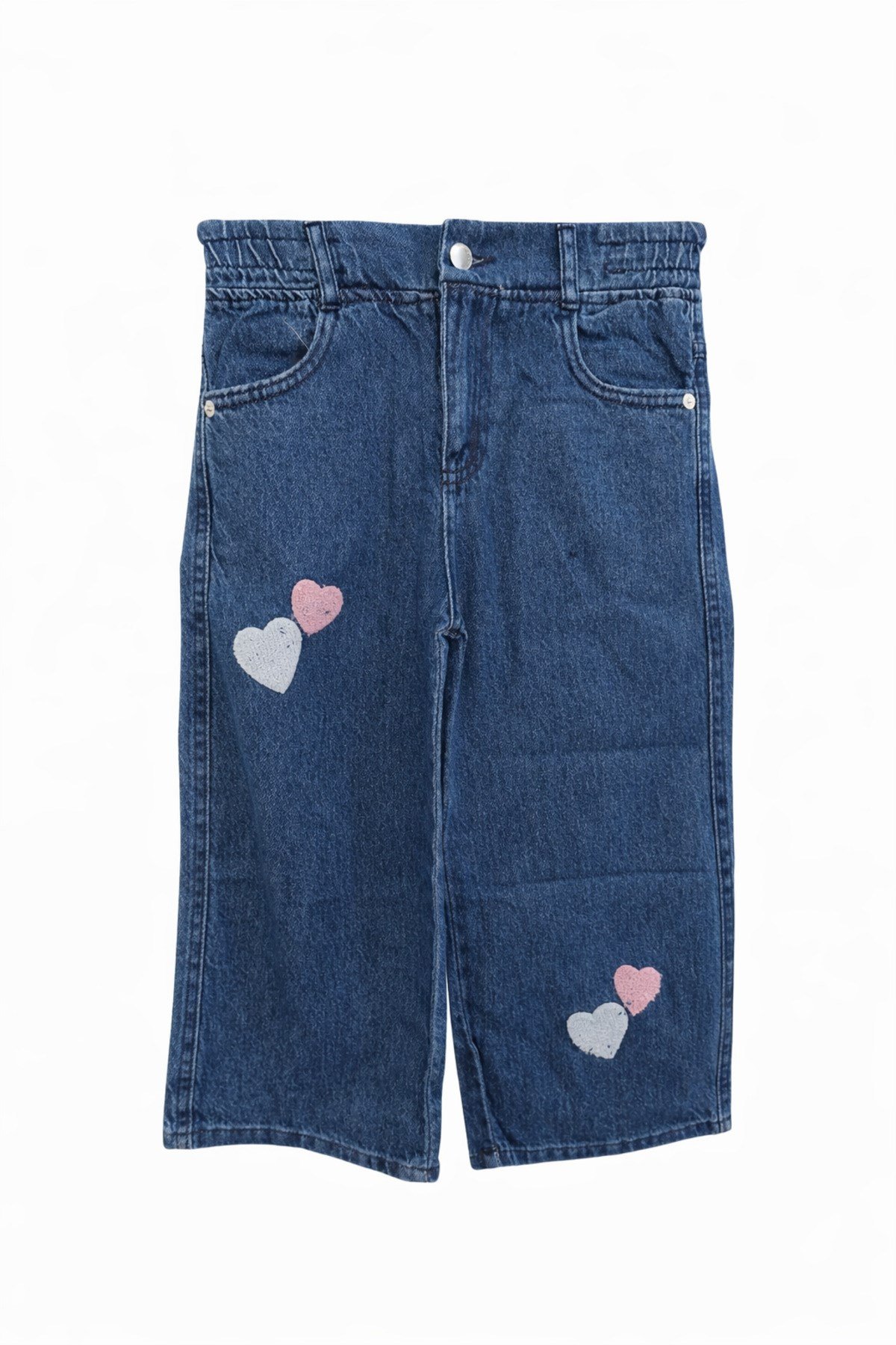 Kalp Nakışlı Kız Çocuk Mavi Kot Pantolon 6200