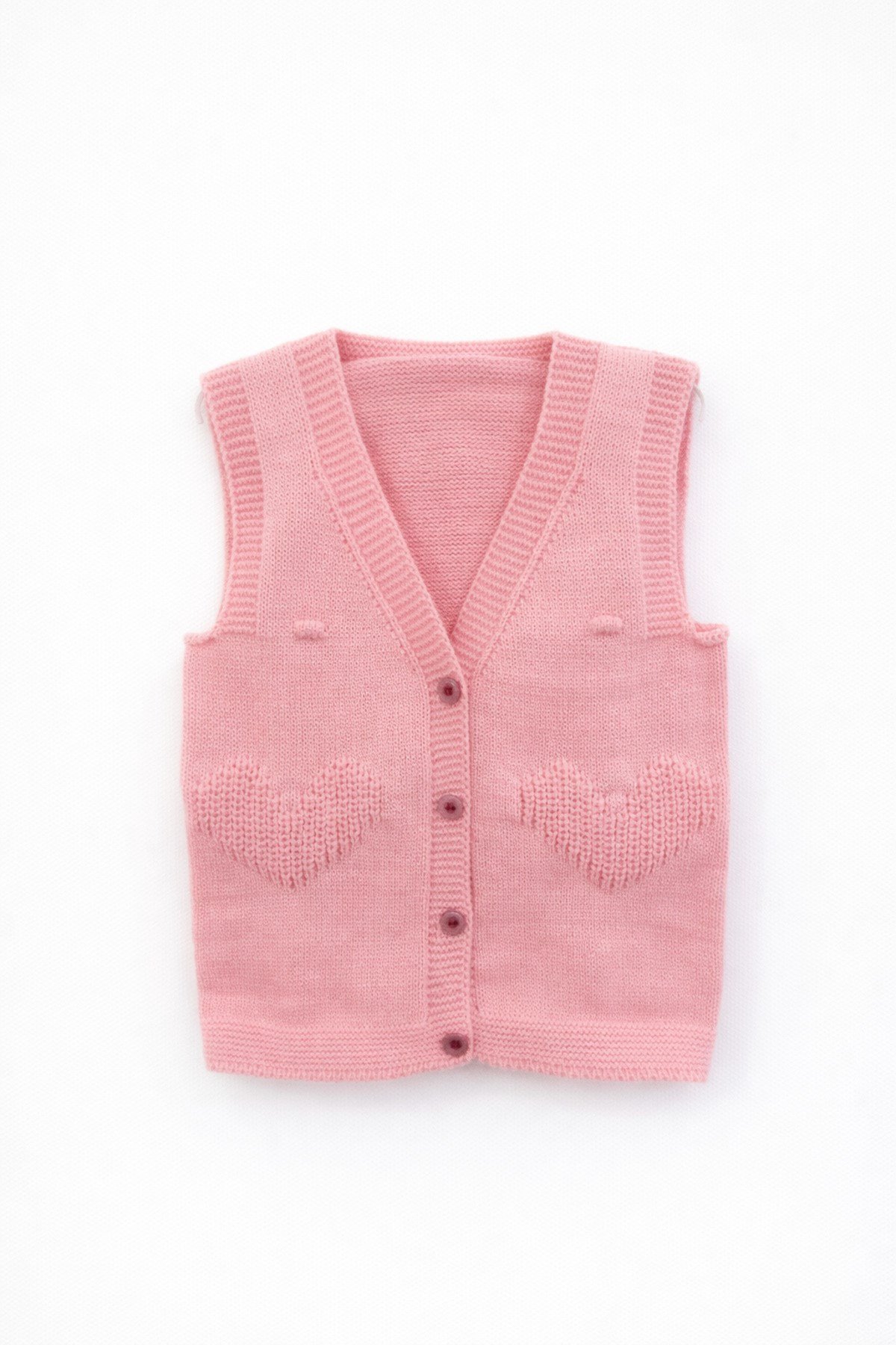 Kız Çocuk Örgü Yelek Kalp Desen Pembe