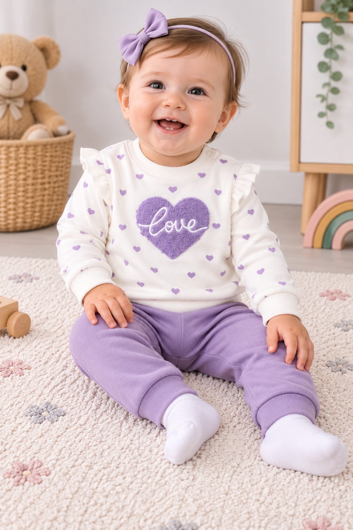 Mor Renkli Love Temalı Bebe Alt-Üst Takım