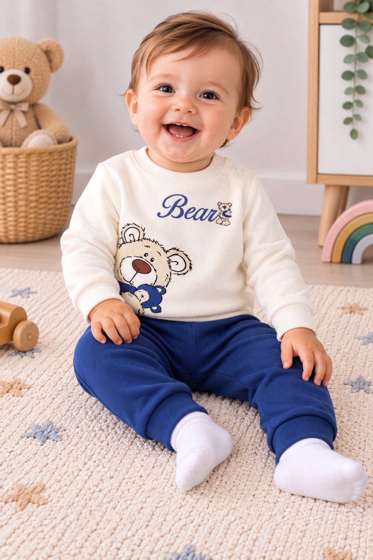 Önü ve Arkası Ayı Baskılı Bebe Alt-Üst Takım