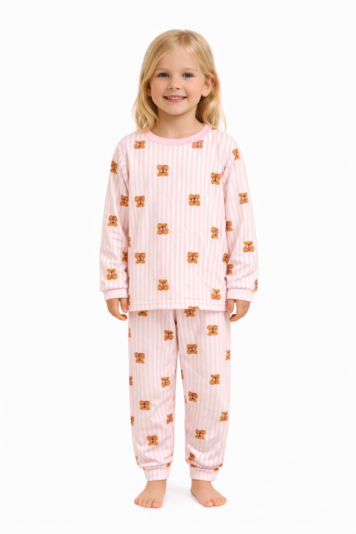 Pembe Çizgili Ayıcık Temalı Kız Çocuk Pijama Takımı