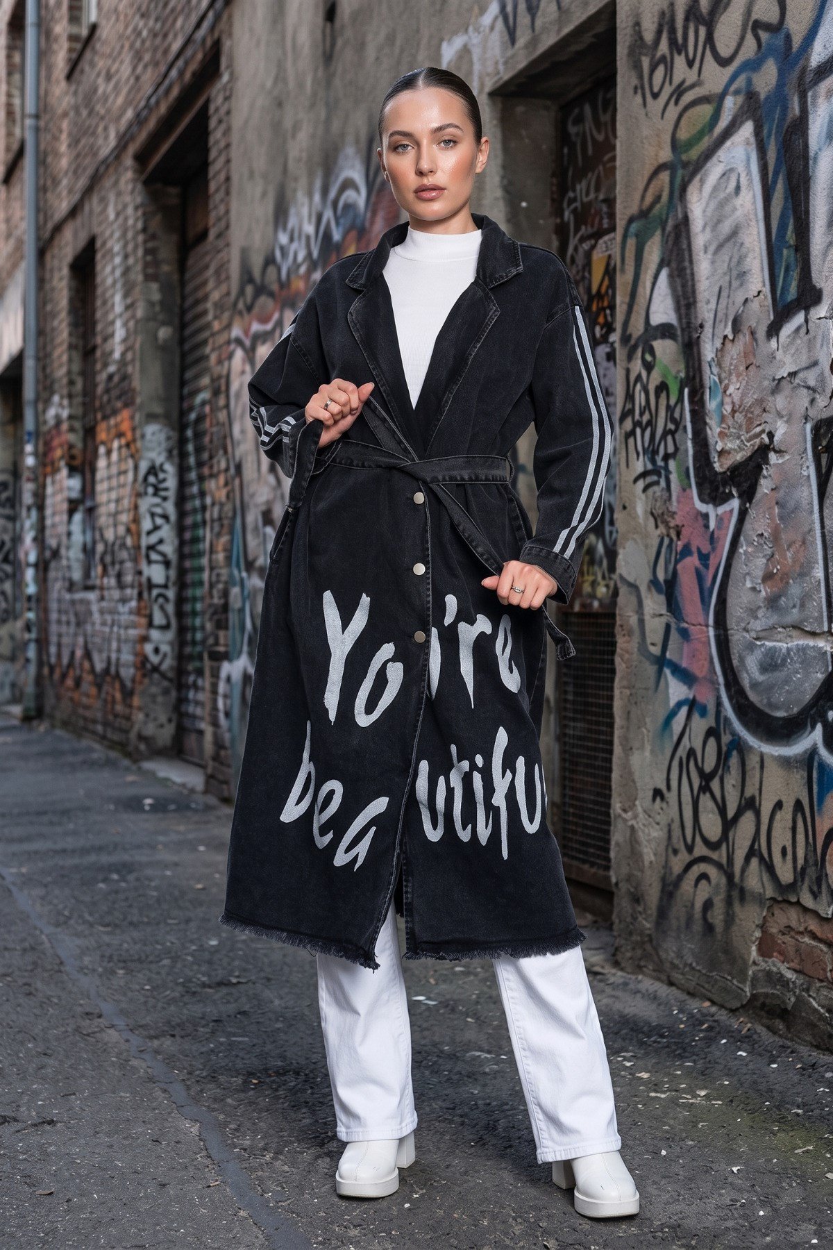 Baskılı Denim Trençkot