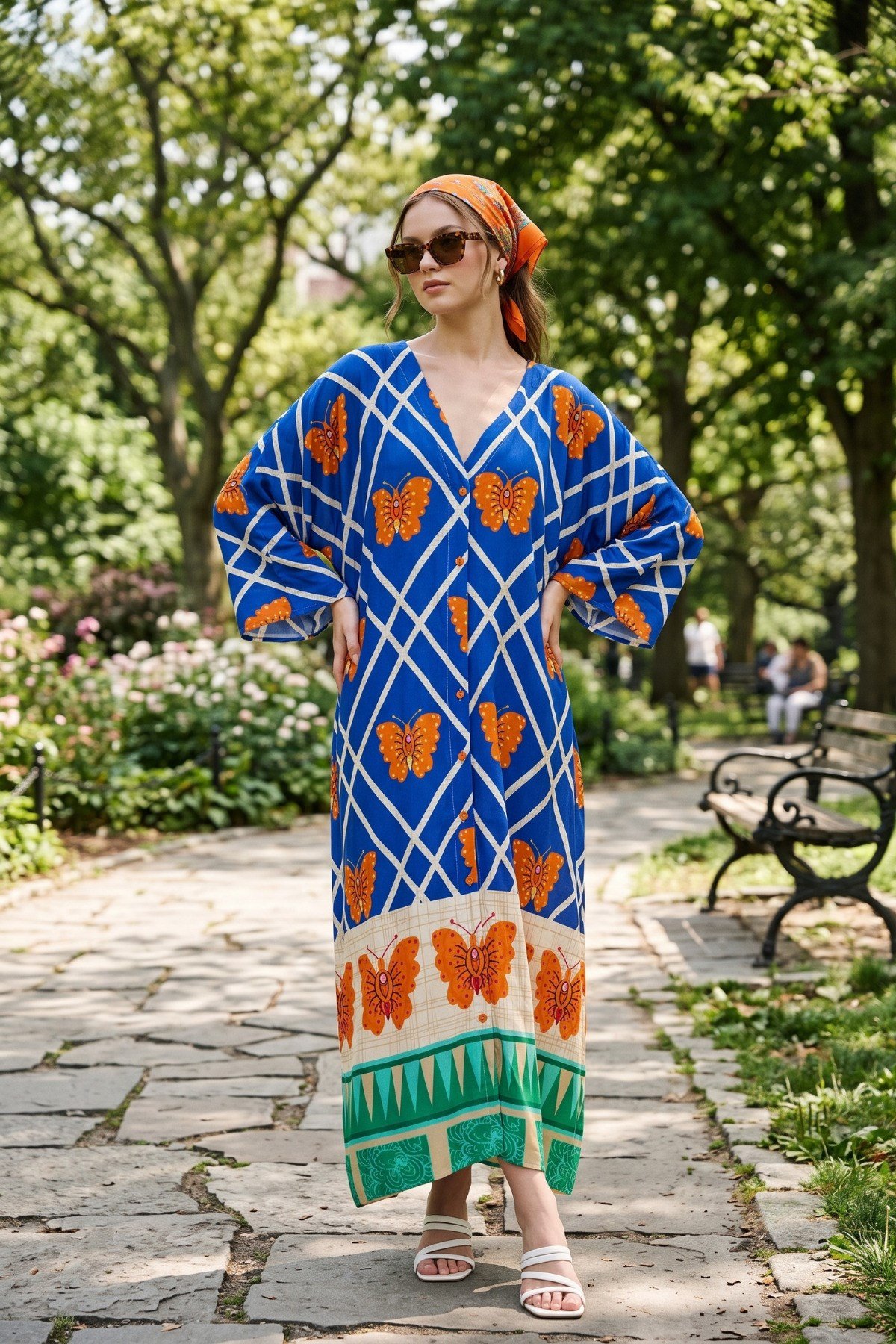 Kelebek Desen Boydan Düğmeli Oversize Elbise | One Size | STD Beden