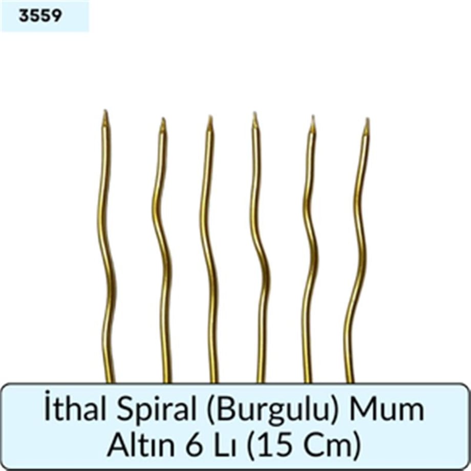 İthal Spiral (Burgulu) Mum Altın 6 Lı   (15 Cm)