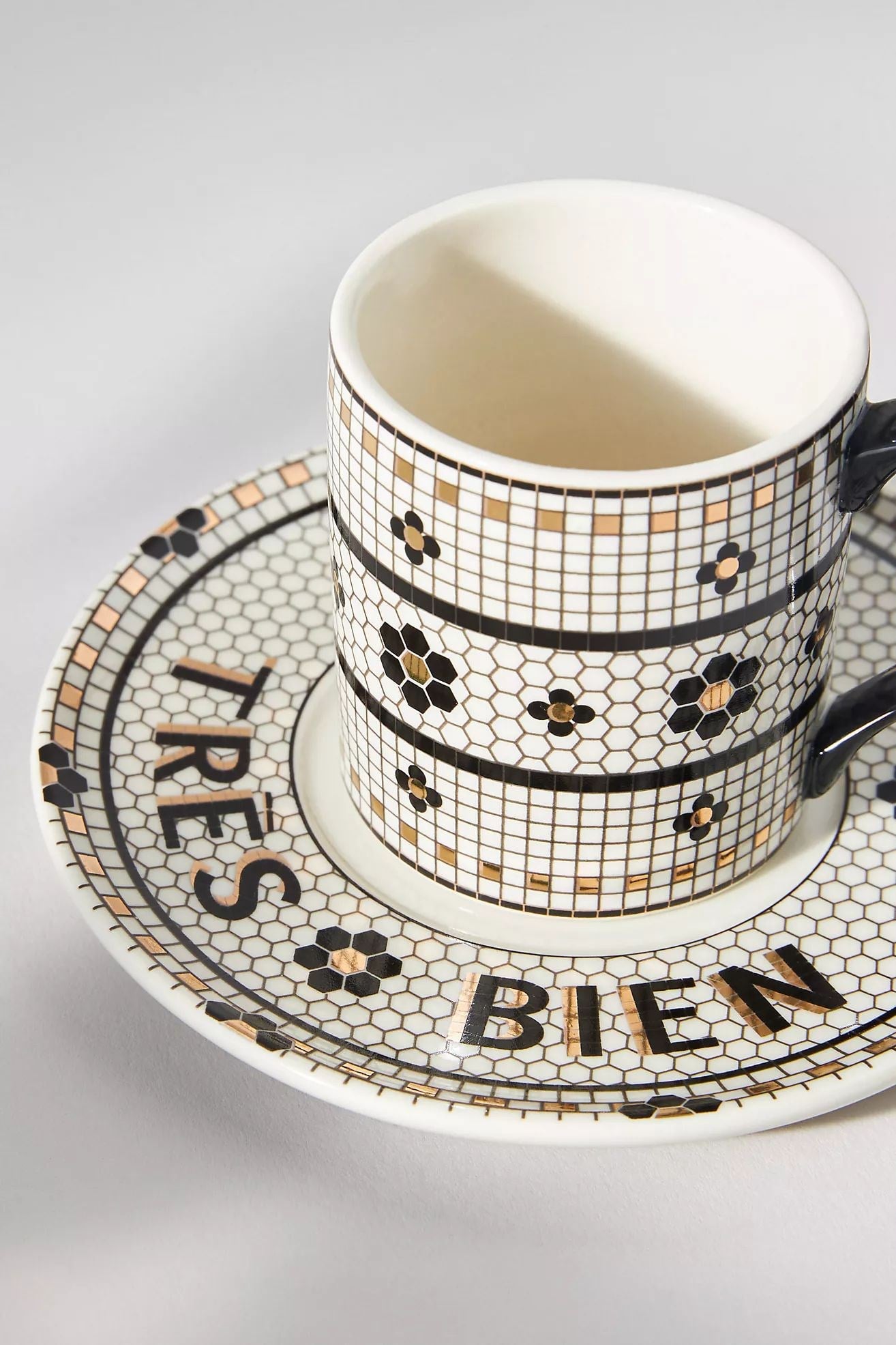 Bistro Tile Stoneware 24k Gold Accent Espresso Cup & Saucer