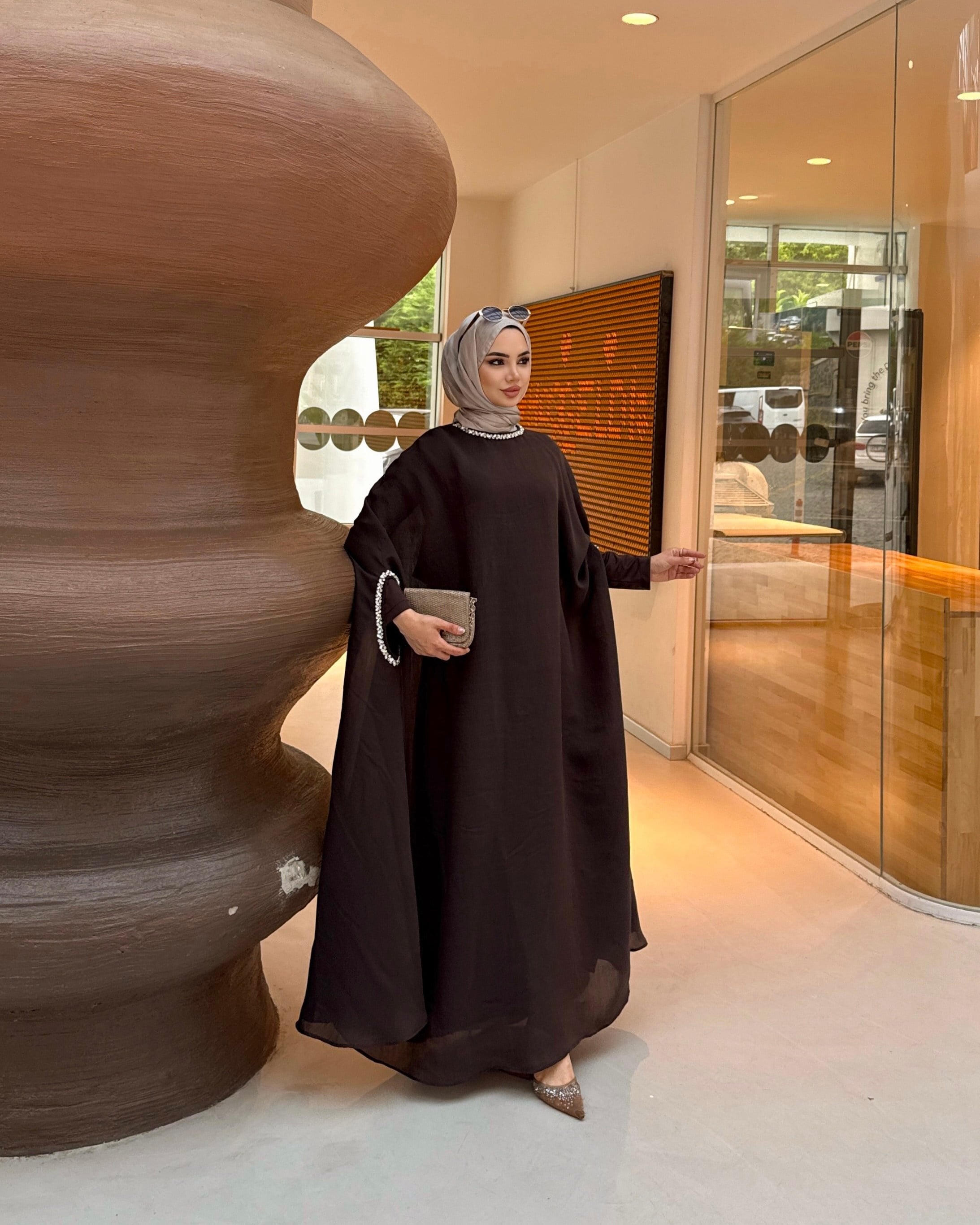 Taş Detaylı içlik Elbise Panço Abaya Kahverengi