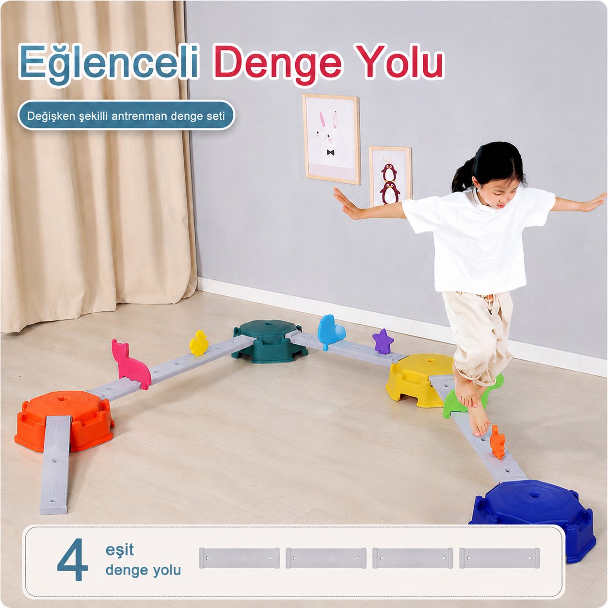 Çocuk Denge Oyunu Seti Montessori Kaydırmaz Denge Yolu ve Platform Oyuncağı - 4 Adet Uzun Denge Yolu