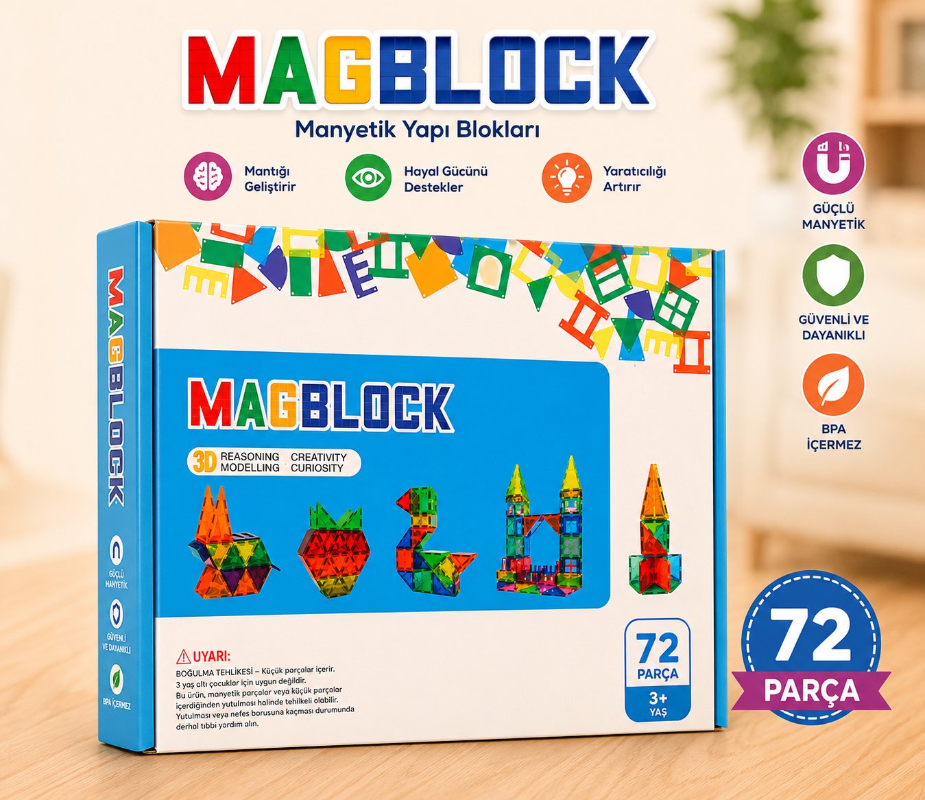 Magblock 72 Parça Manyetik Yapı Blokları - Tamamı Mıknatıslı - Destekleyici Set - Tüm modellerle uyumlu.