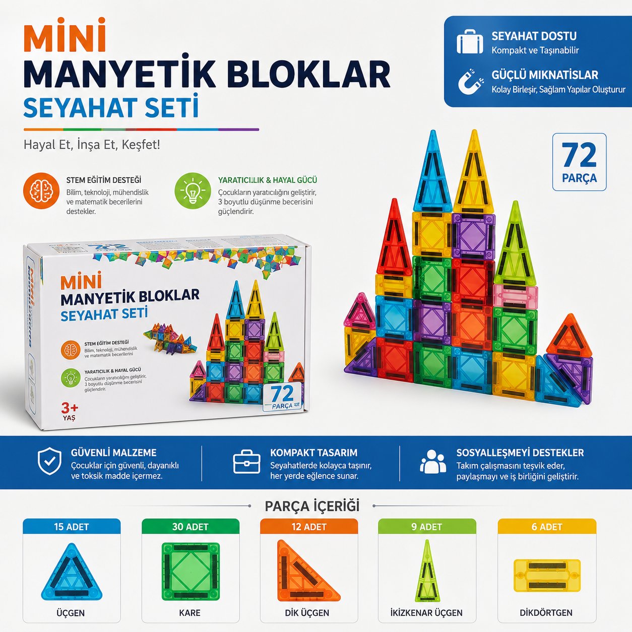MagBlock Mini Manyetik Bloklar - Seyahat Seti 72 Parça