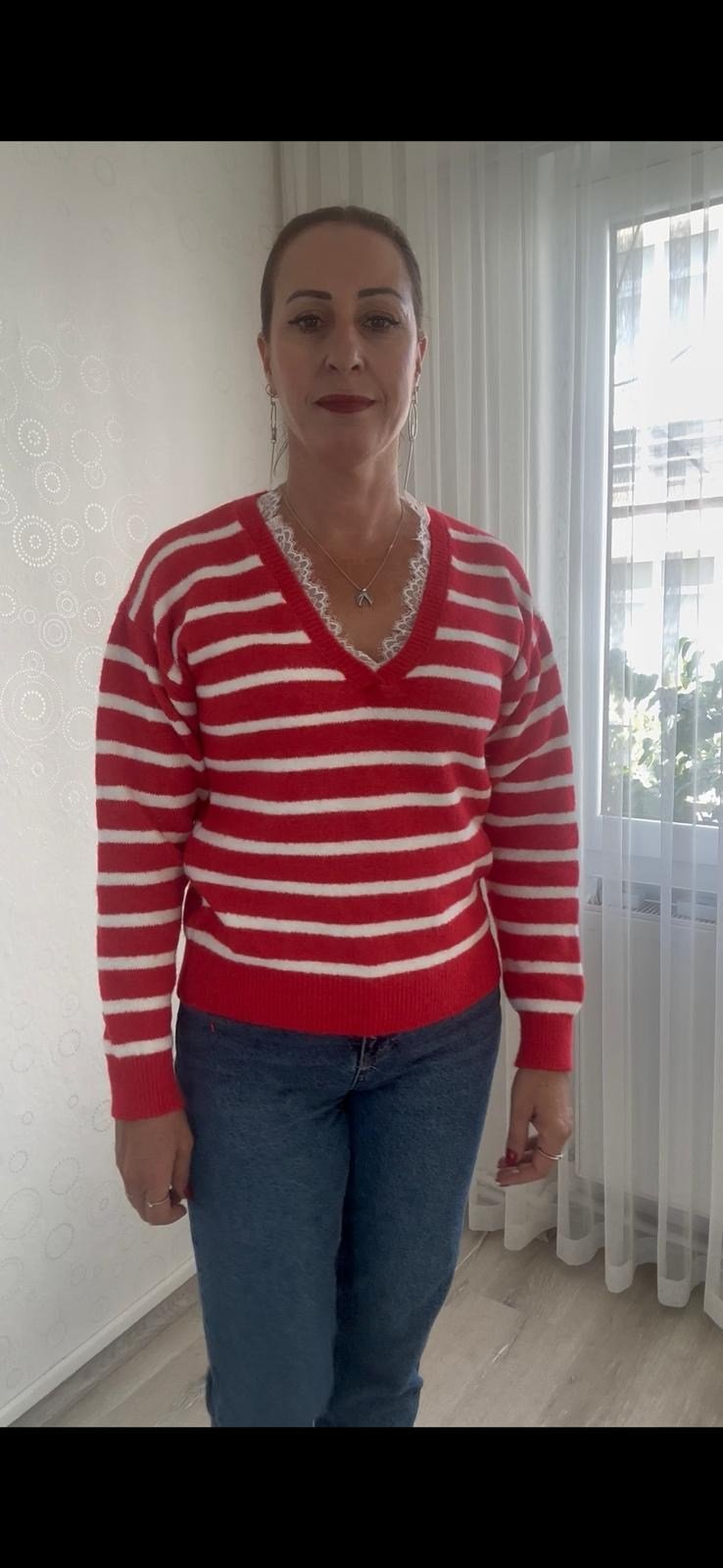 çizgili triko kazak kırmızı