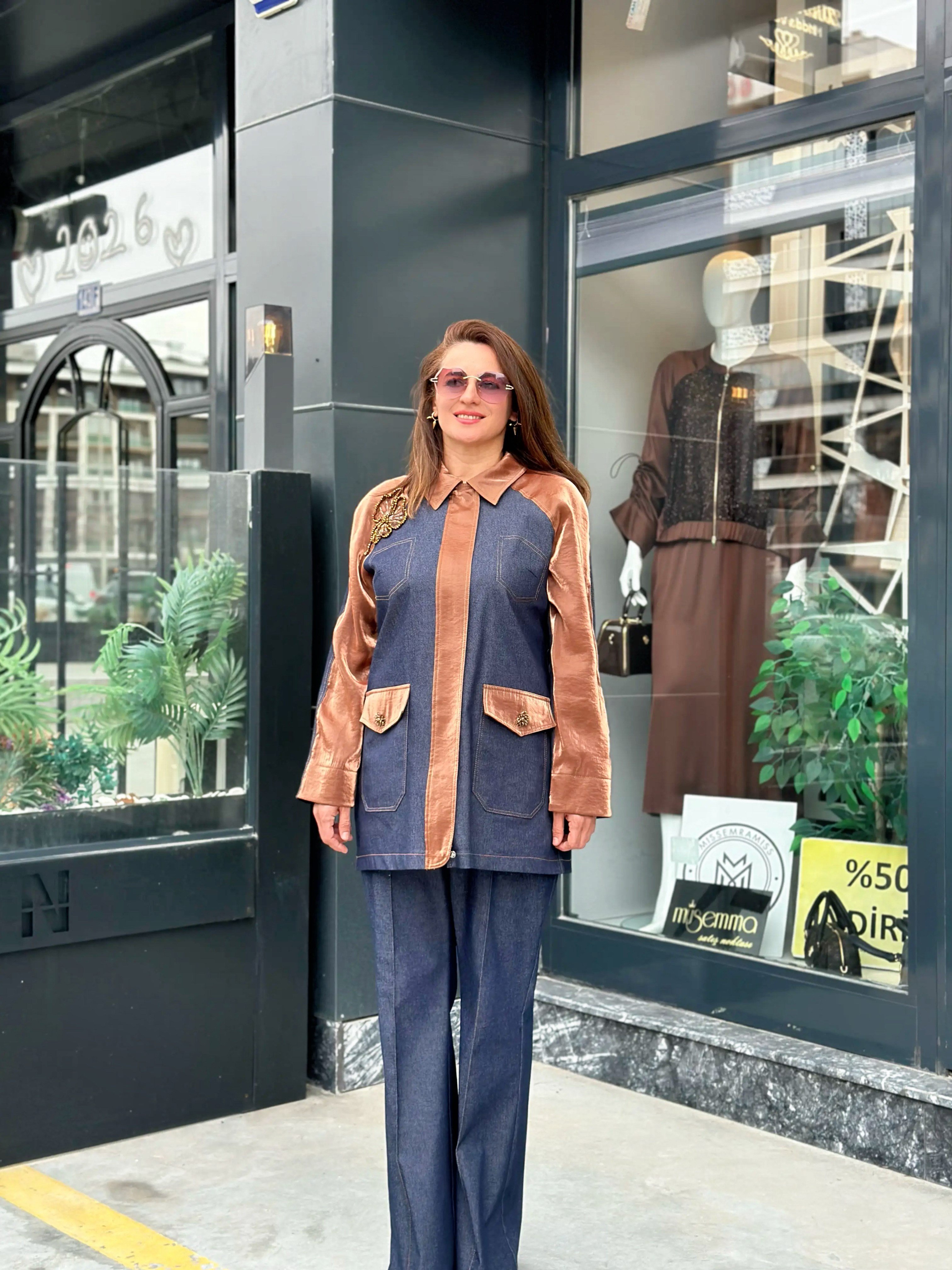  Kot kumaş Saten ve Taş işlemeli Pantolonlu Takım Lacivert - Kahve