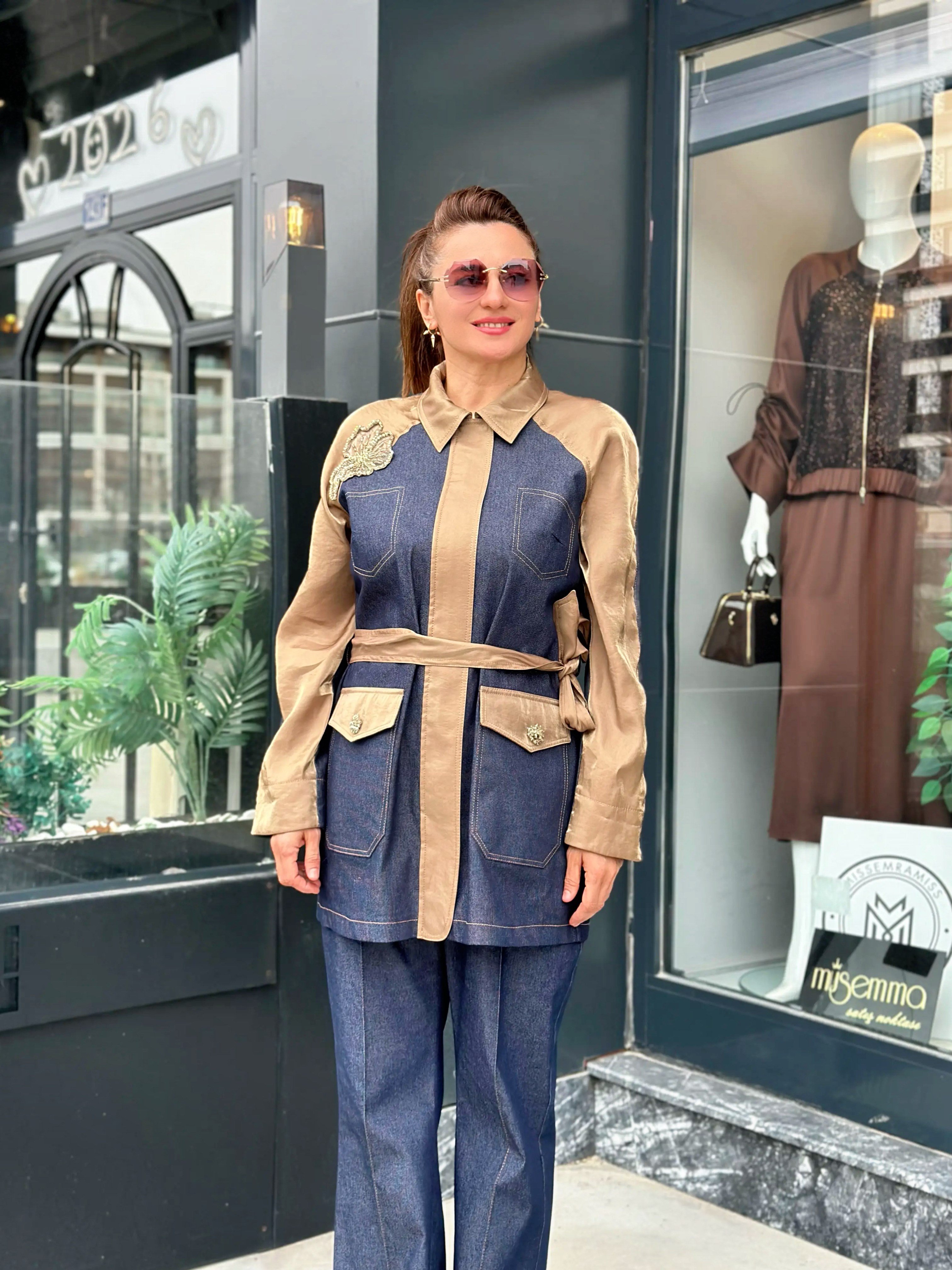  Kot kumaş Saten ve Taş işlemeli Pantolonlu Takım Lacivert - Olive