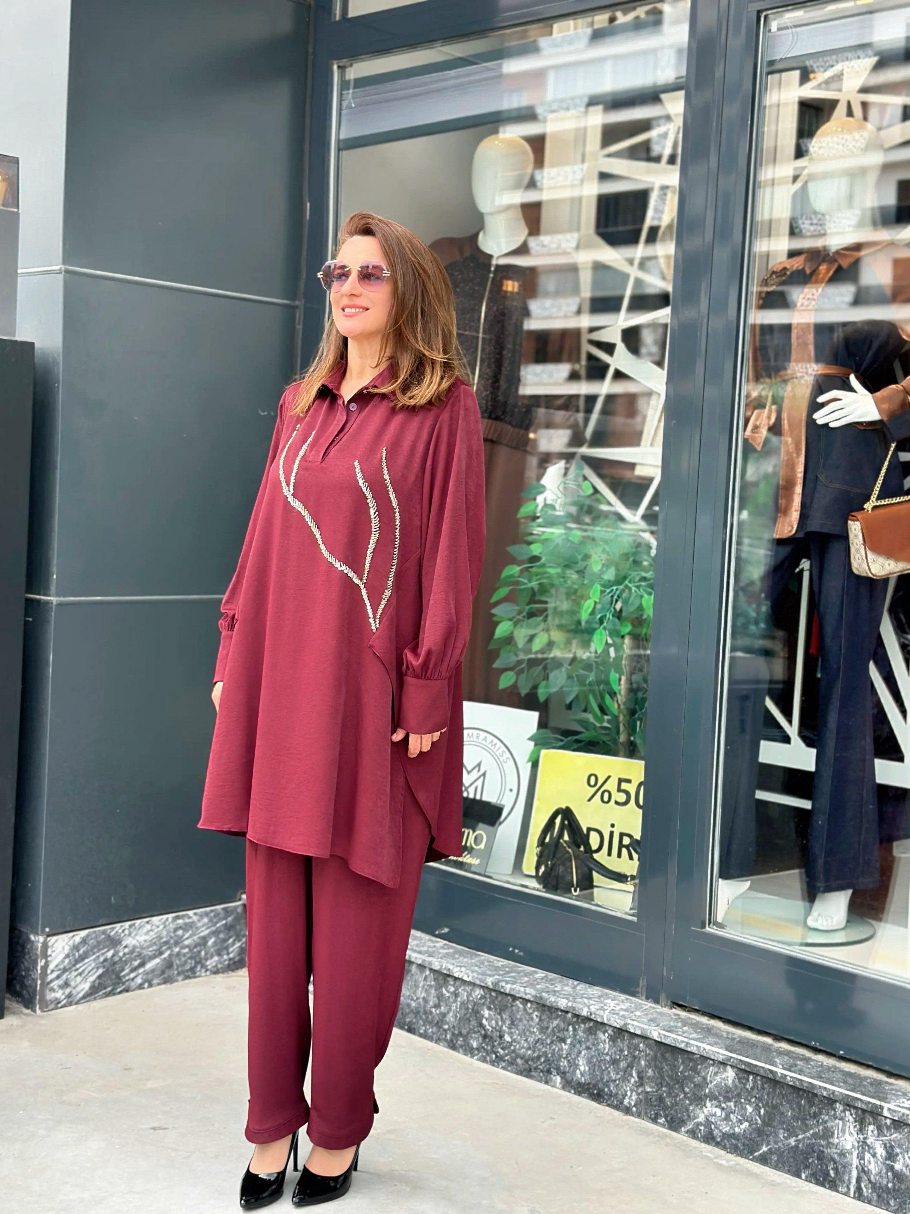 El İşlemeli Pullu Tunik Pantolon Takım Bordo