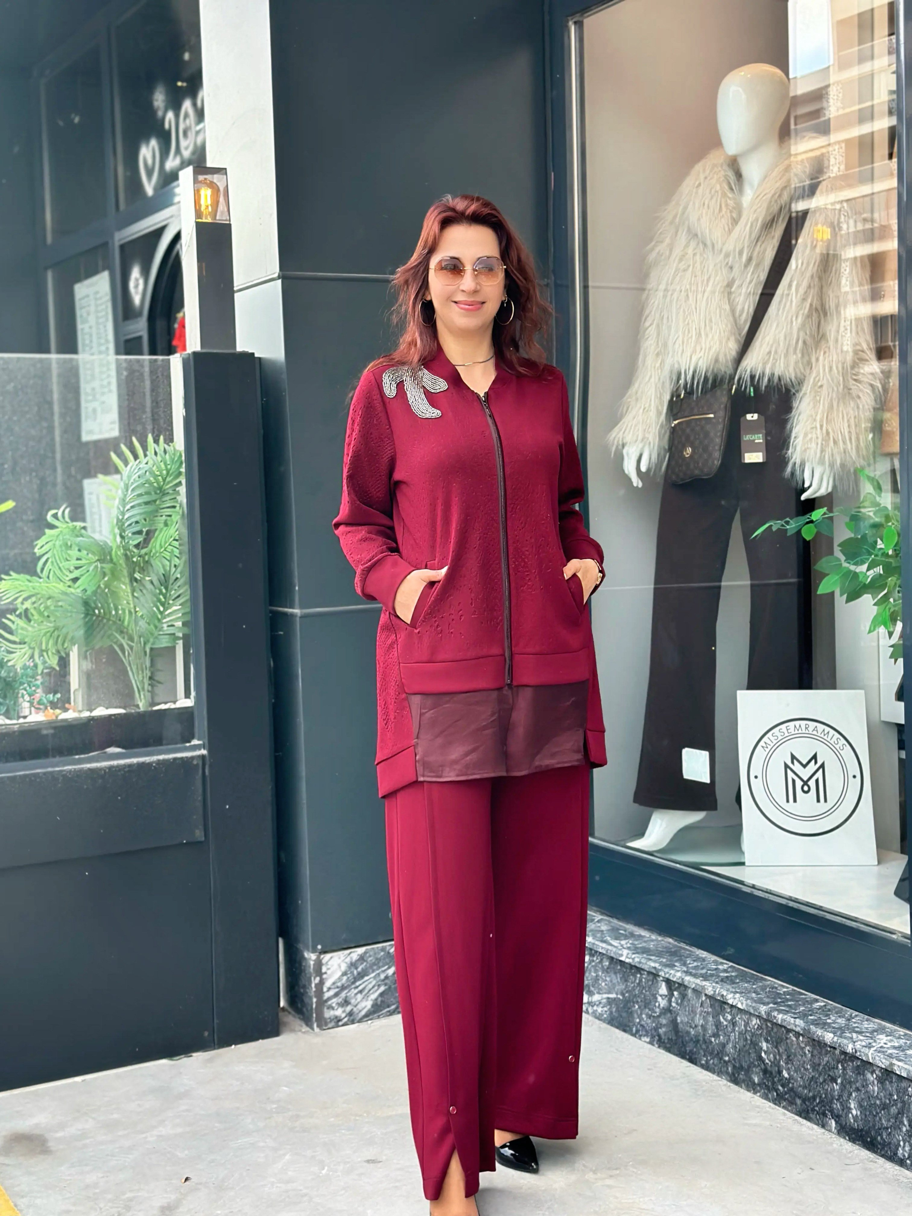 İpek Kumaş / Oysho Kumaş Boncuk Detaylı İkili Pantolonlu Takım Bordo