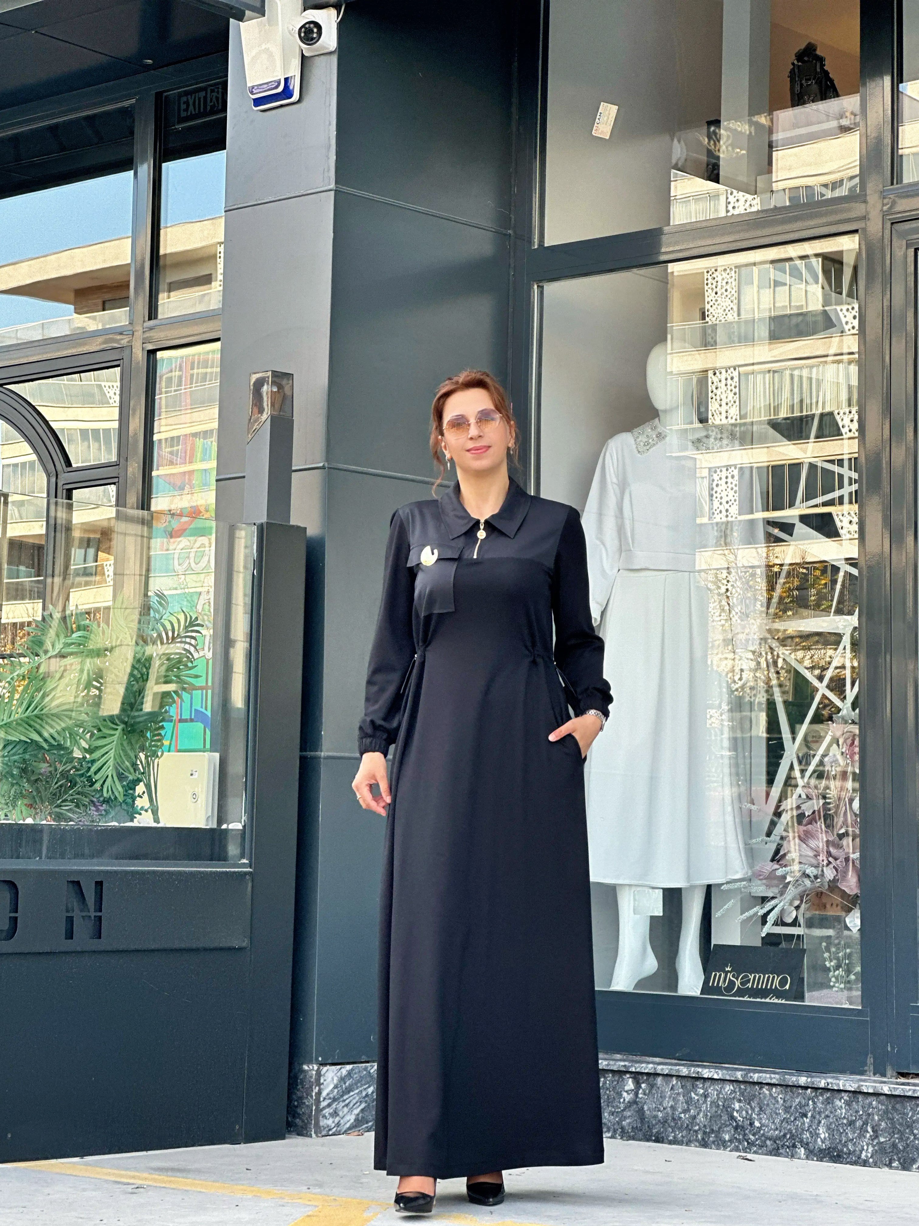 İthal Full Likralı Pamuklu Örme Kumaş Elbise Siyah