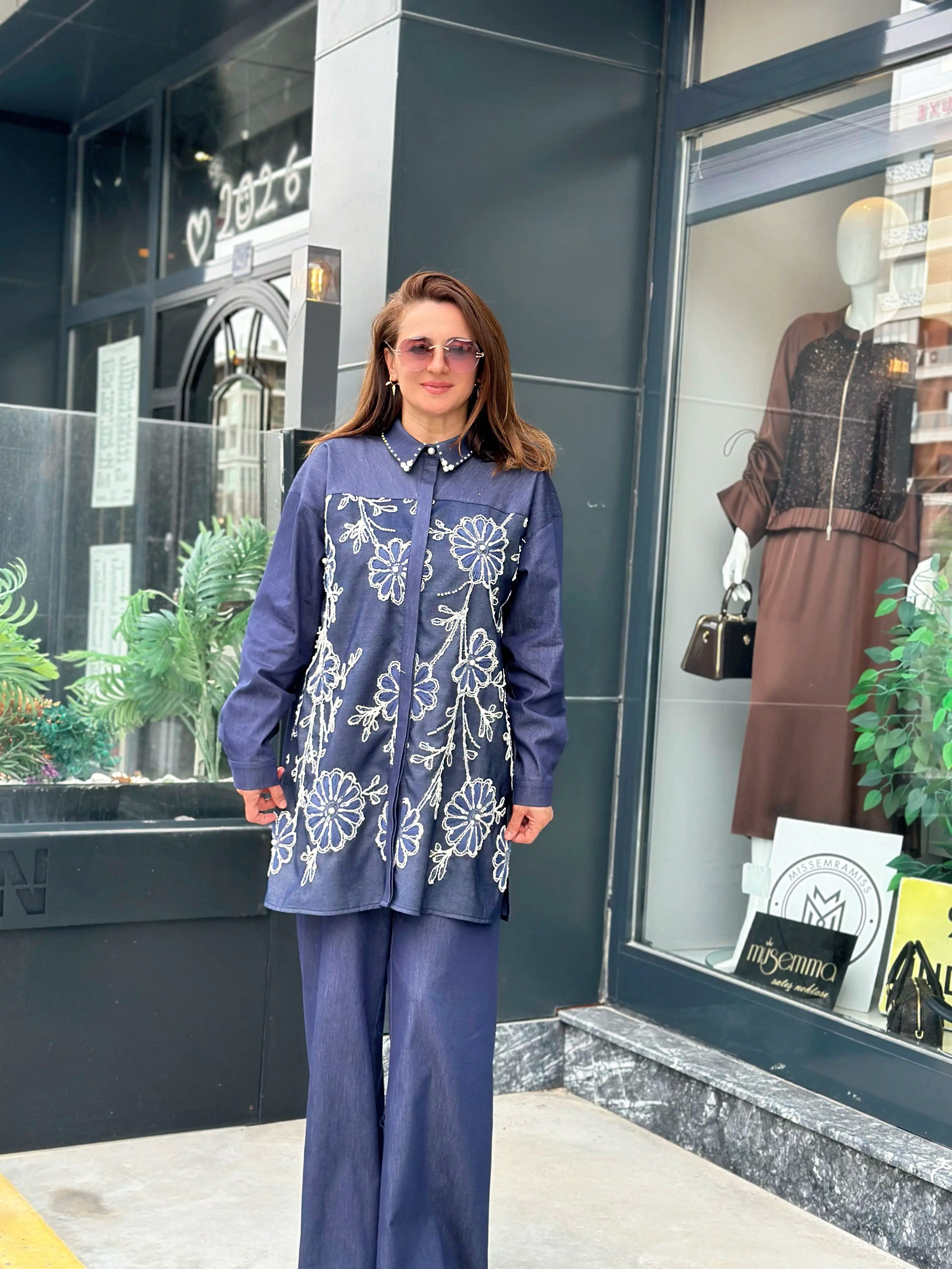 İthal Tensel Kot kumaş İnci ve Çiçek İşlemeli Takım Lacivert