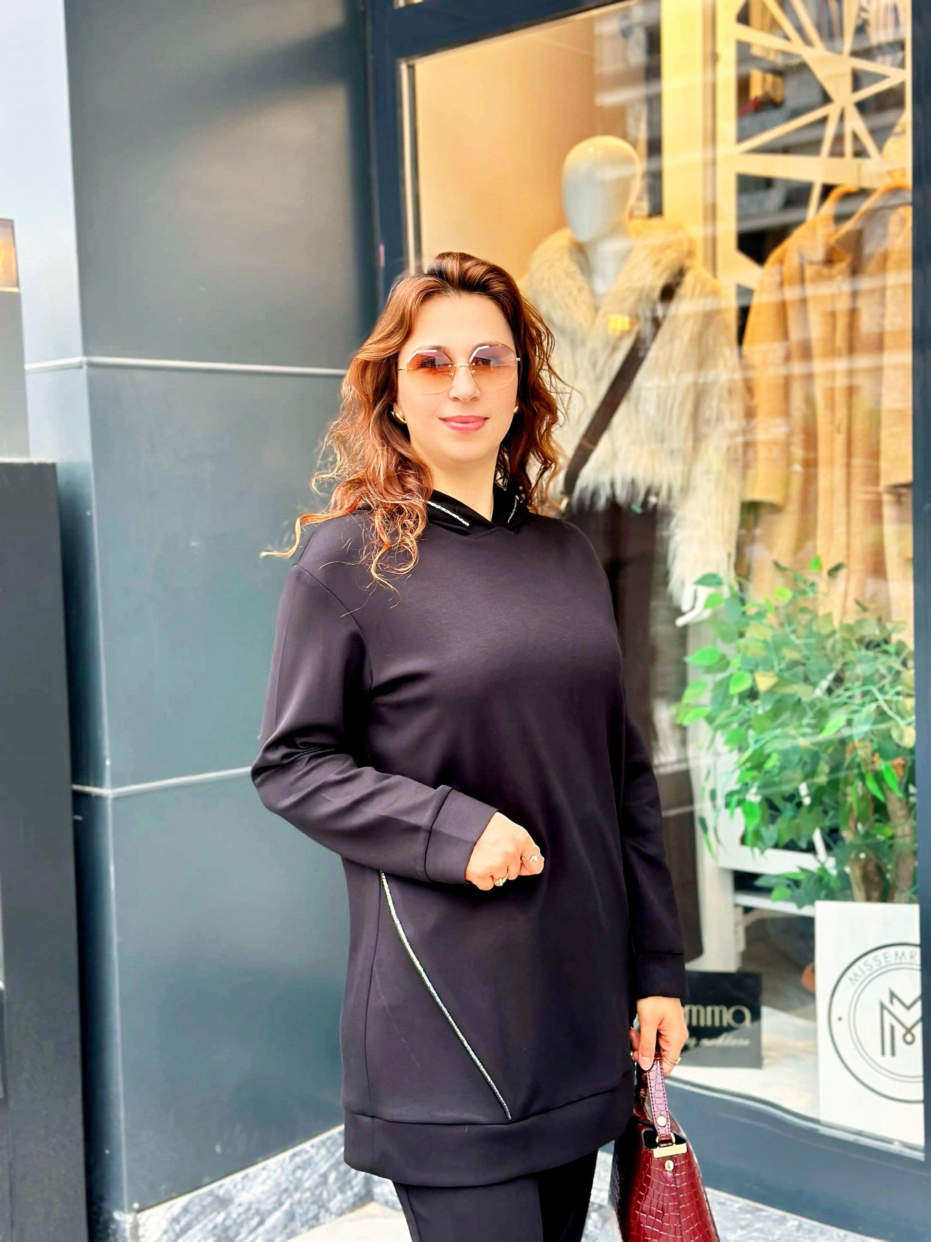 Kapşonlu Paça Taş Detaylı Oysho Kumaş Pantolonlu Takım Siyah
