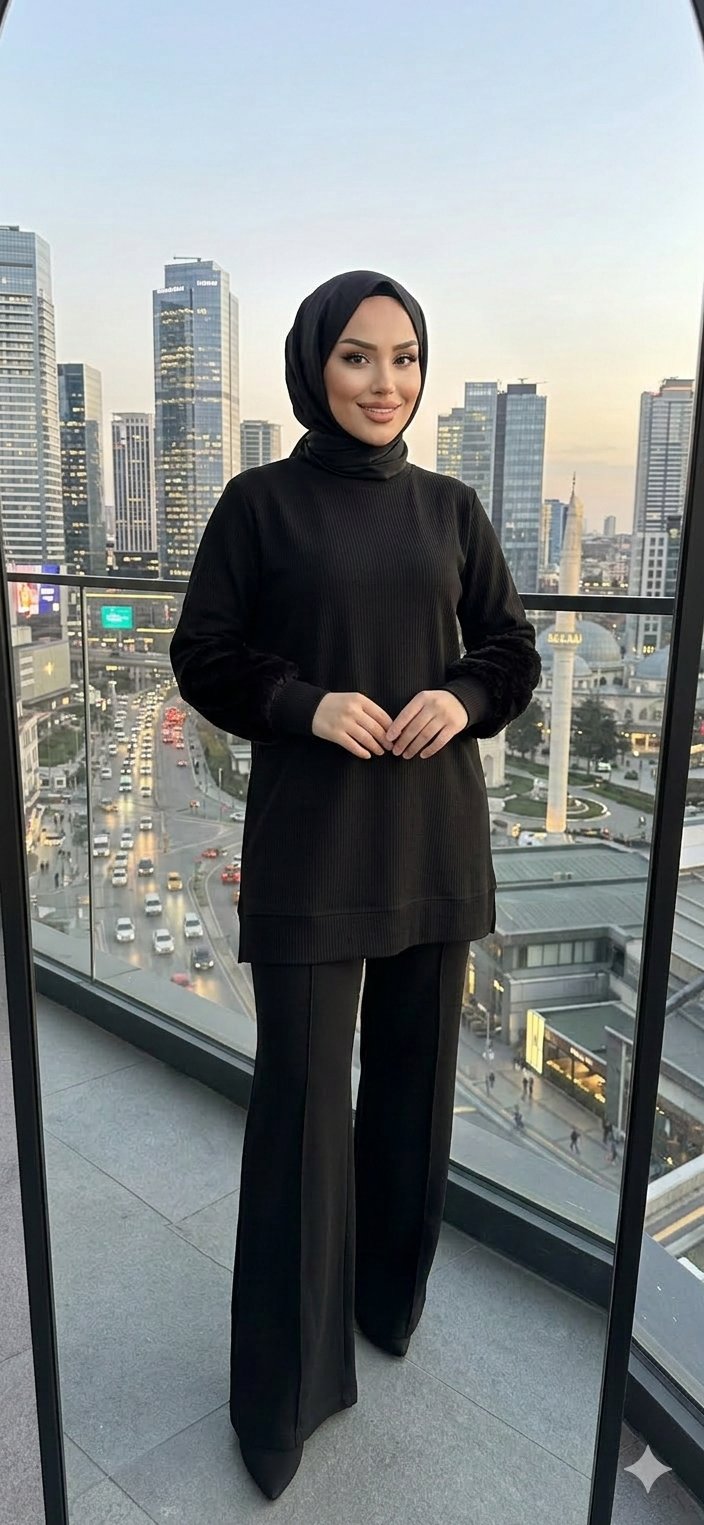 Kolları Kürk Detaylı Pantolunlu Takım