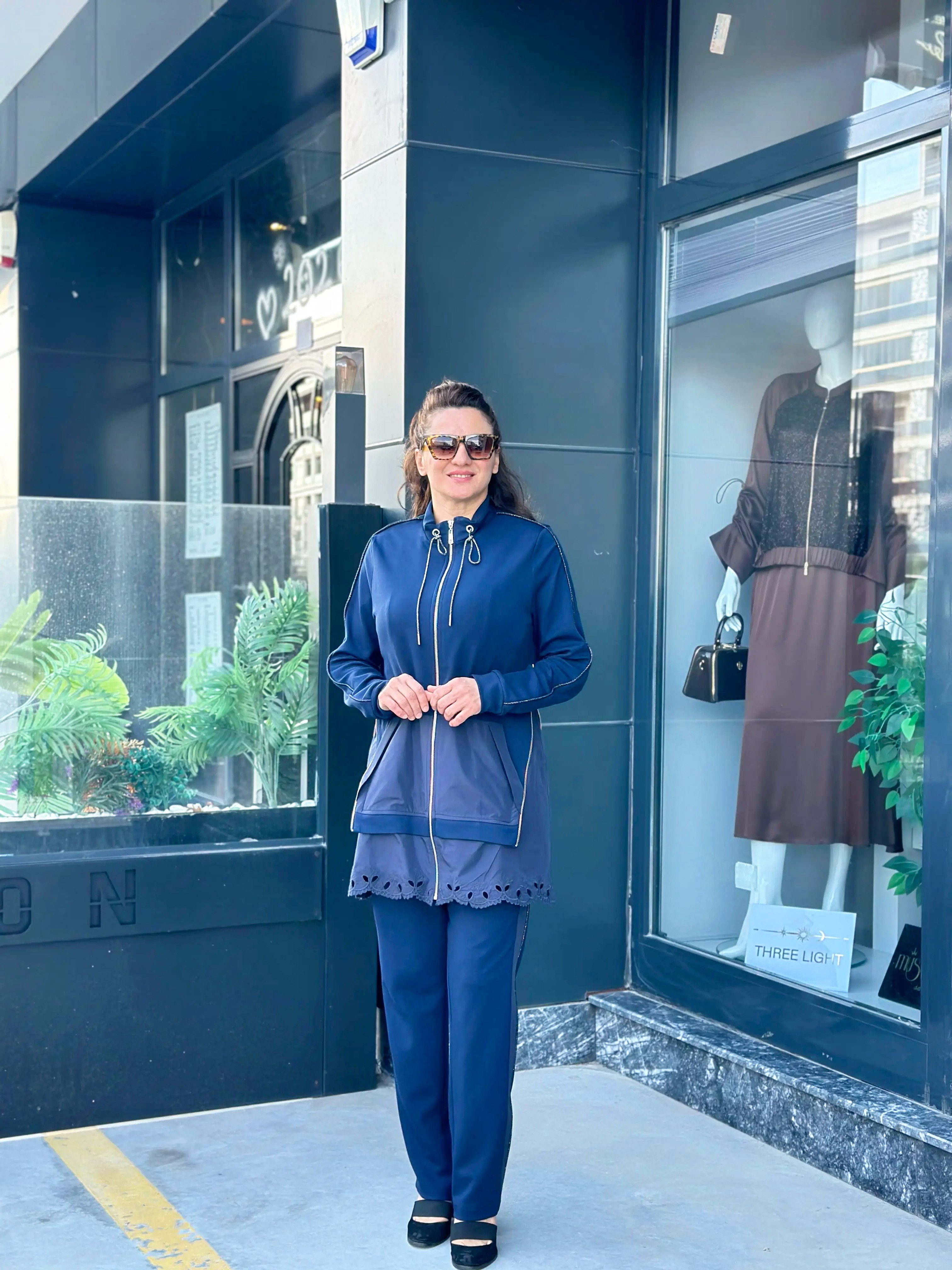 Modal Ceket Pantolon Paraşüt Kumaş ve Fermuar Detaylı İkili Takım Lacivert