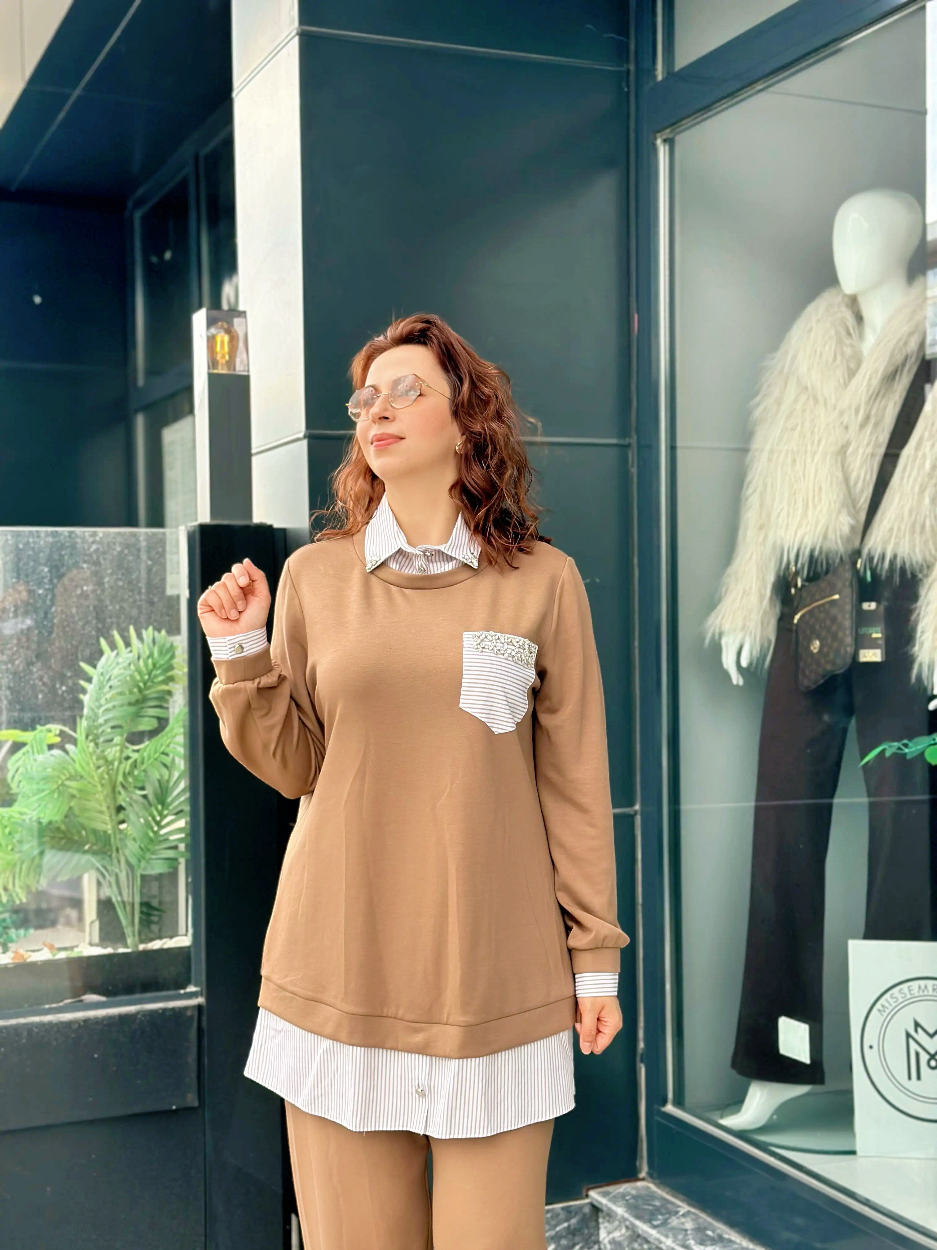 Oysho Kumaş Gömlek ve Taş Detaylı İkili Pantolonlu Takım Taba