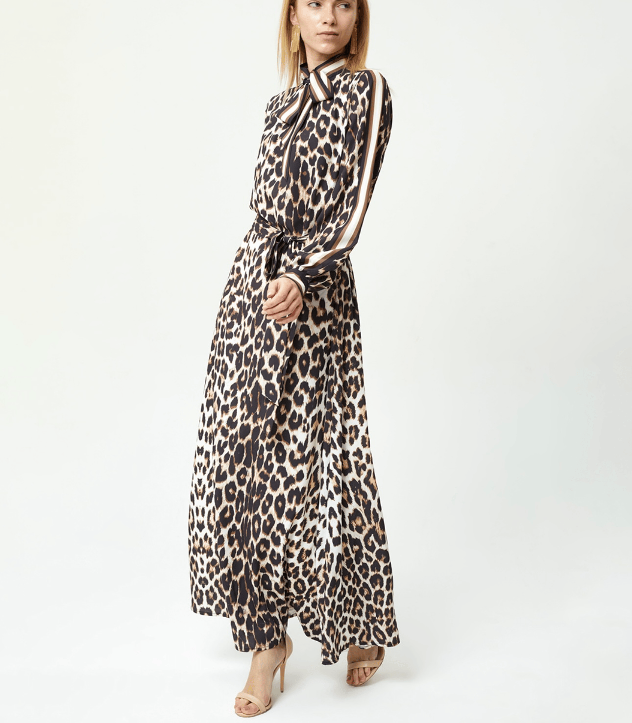 Saten Leopar Elbise Kahverengi