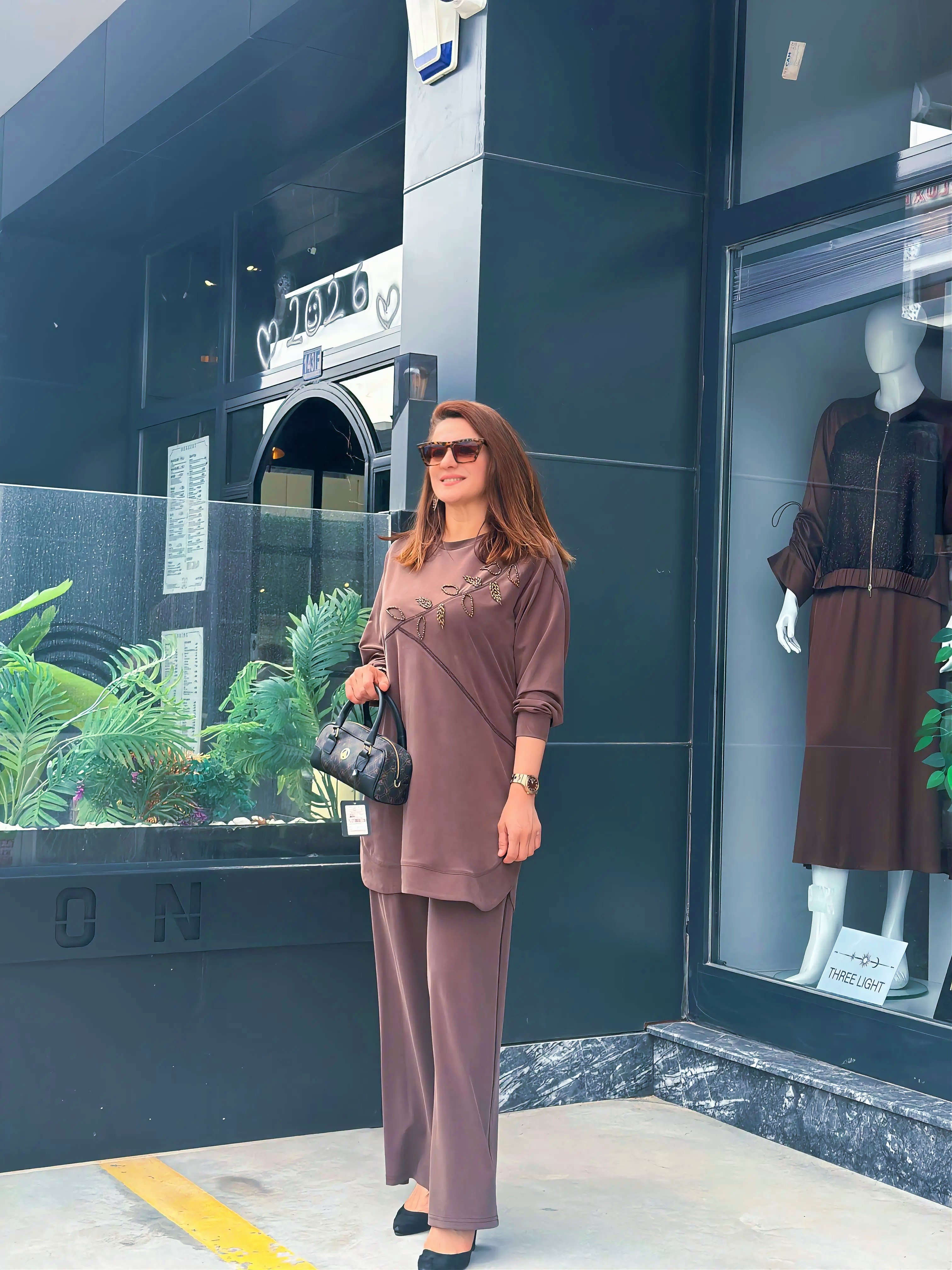 Tencel Qupra Örme Taş İşlemeli Takım Kahverengi
