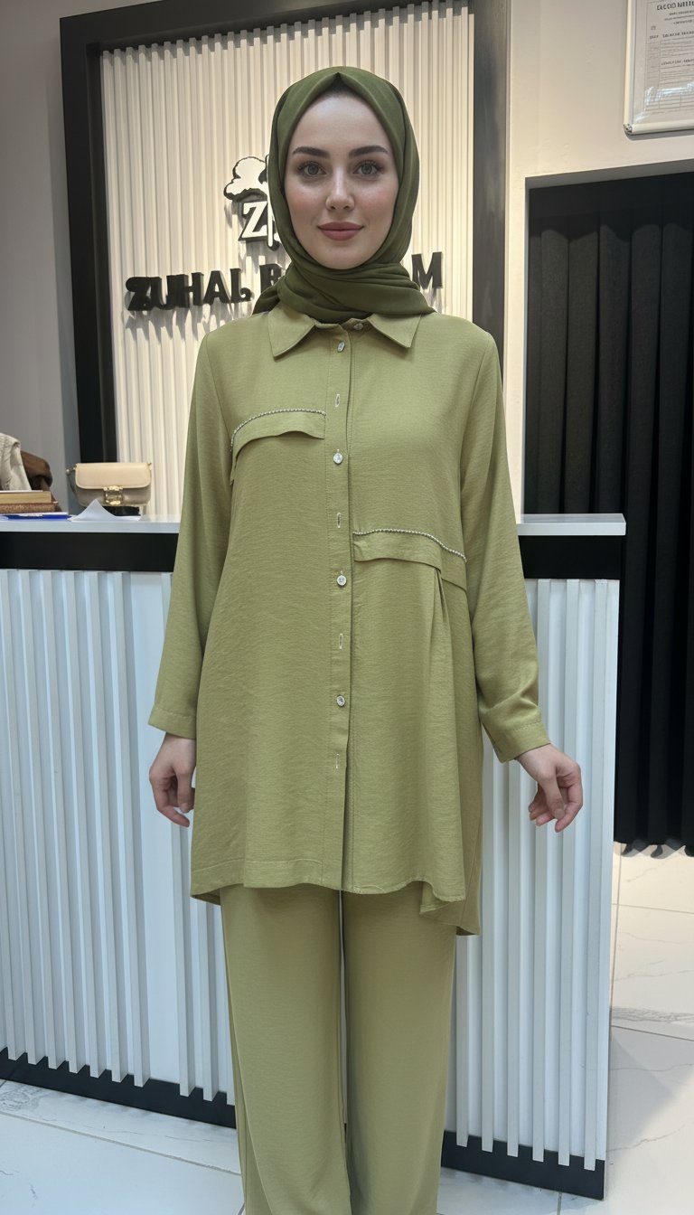 Tencel Taş detaylı Tunik & Pantolon Takım Amber Rengi
