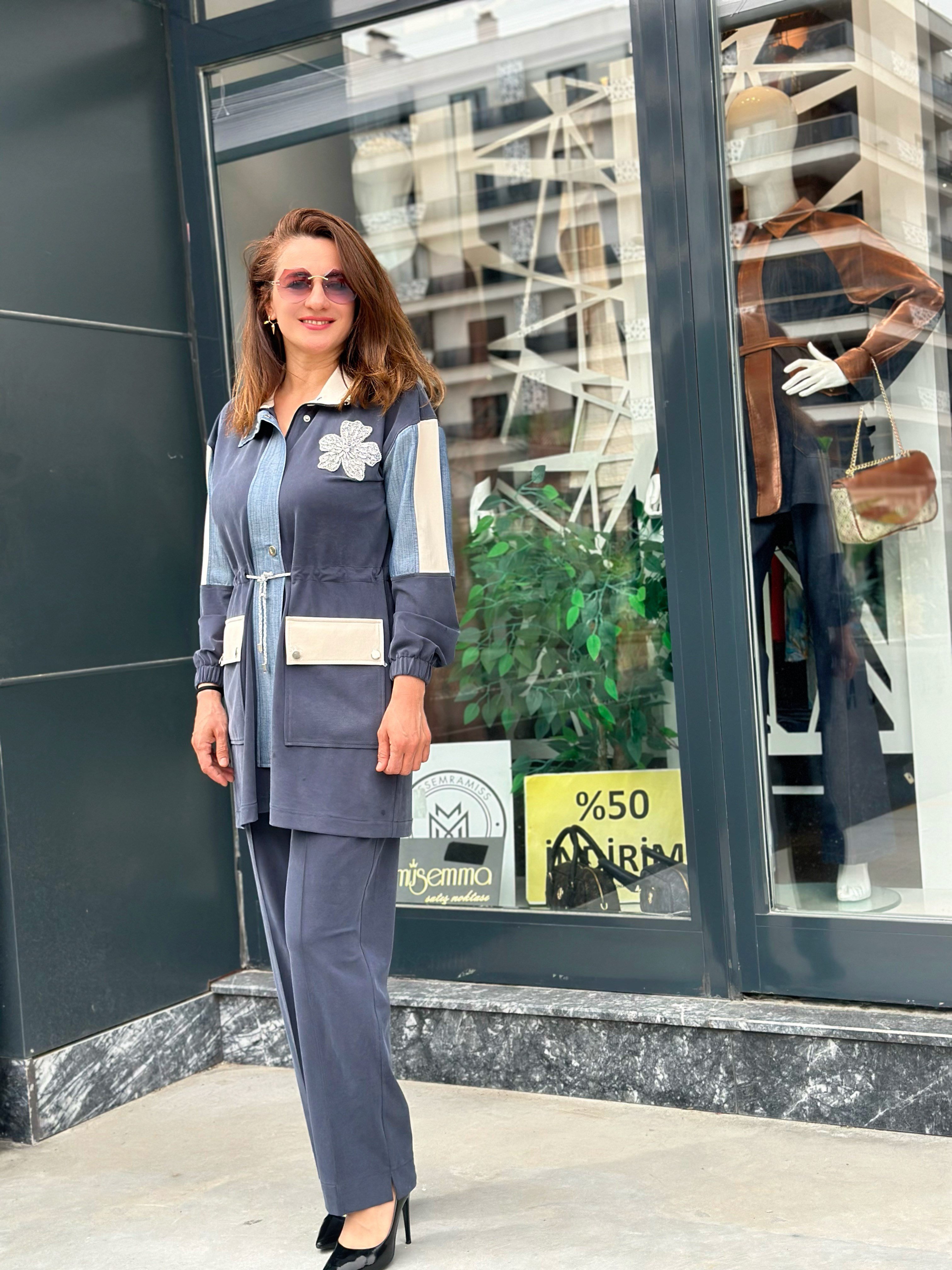 Tensel Qupra Kot Kumaş Taş İşlemeli İkili Takım Lacivert