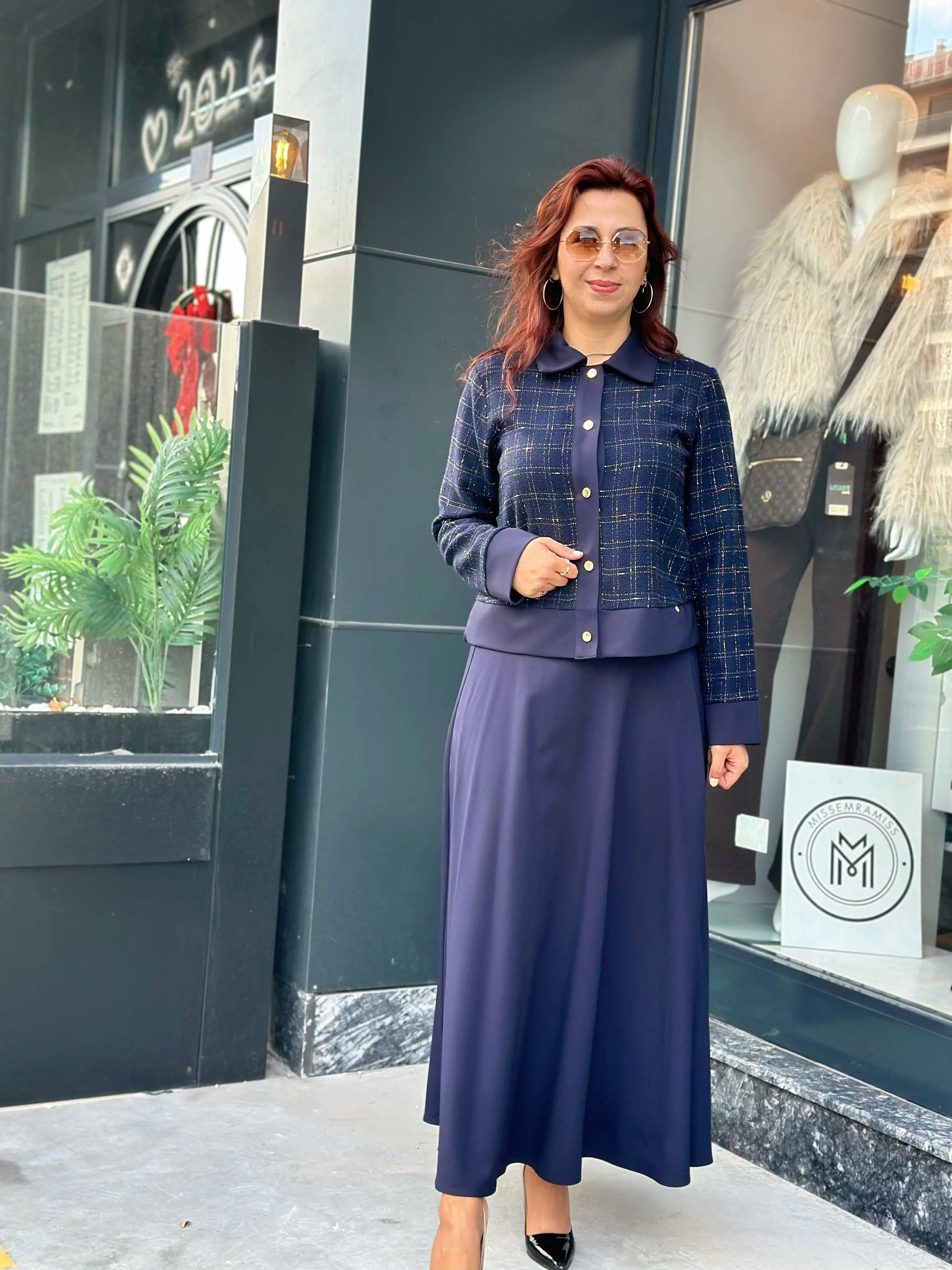 Tüvit Ceketli İkili Etekli Takım Lacivert