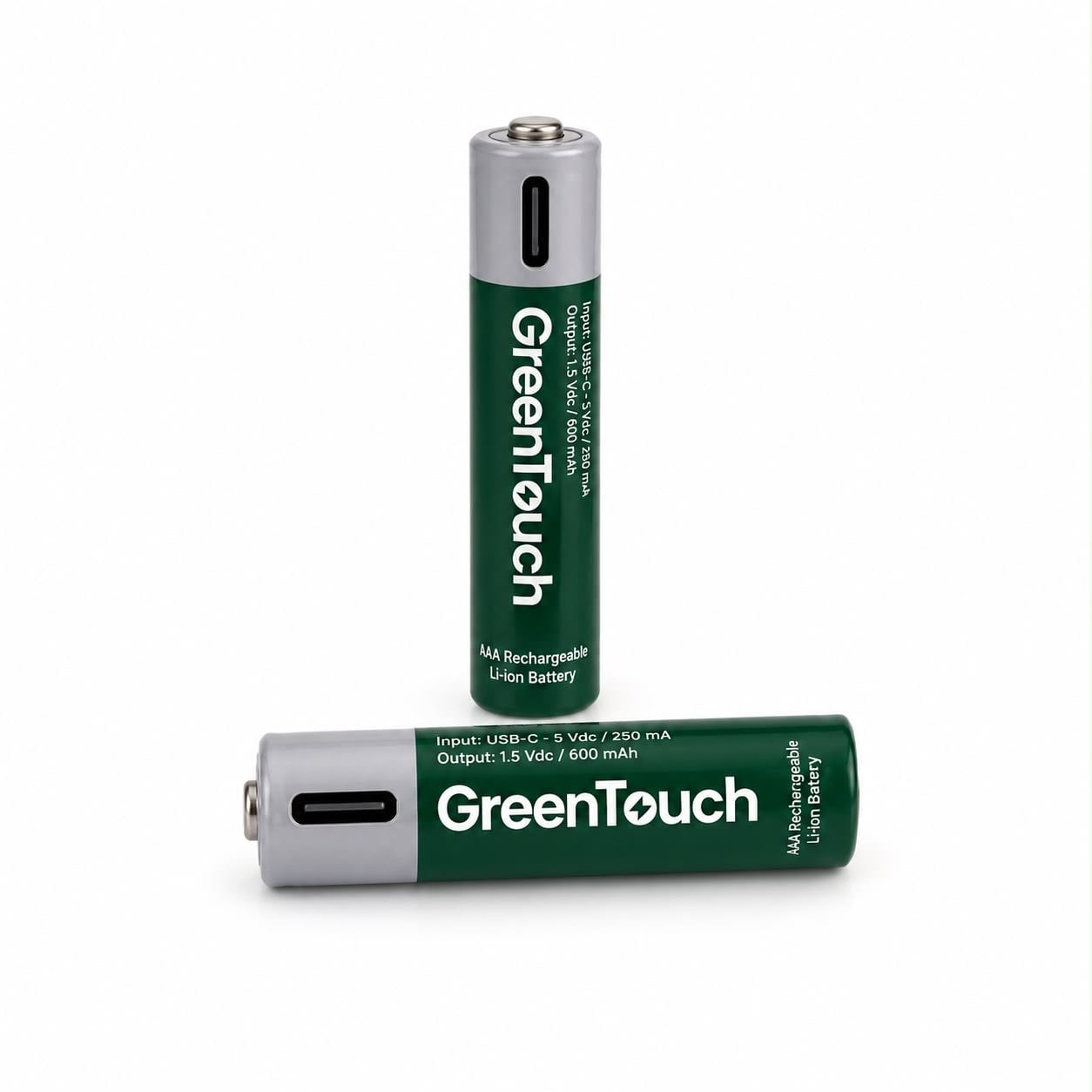 GreenTouch AAA USB-C Şarj Edilebilir Lityum Pil 600 mAh 1.5V Sabit Voltaj 2'li Paket | Şarjlı İnce Kalem Pil | Çoklu USB-C Şarj Kablosu Dahil
