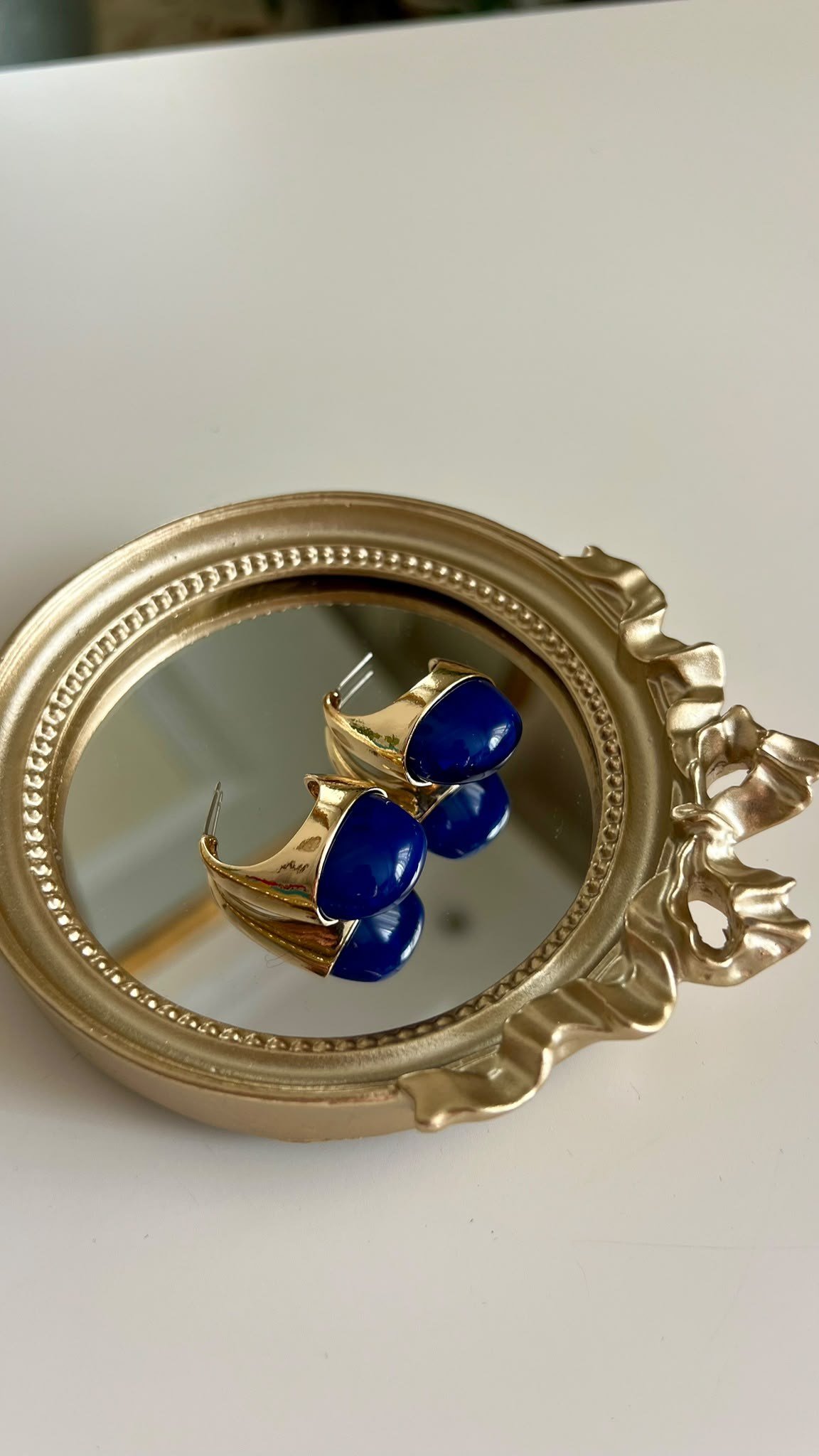 Lacivert Gold Detaylı Küpe Tasarım Küpe