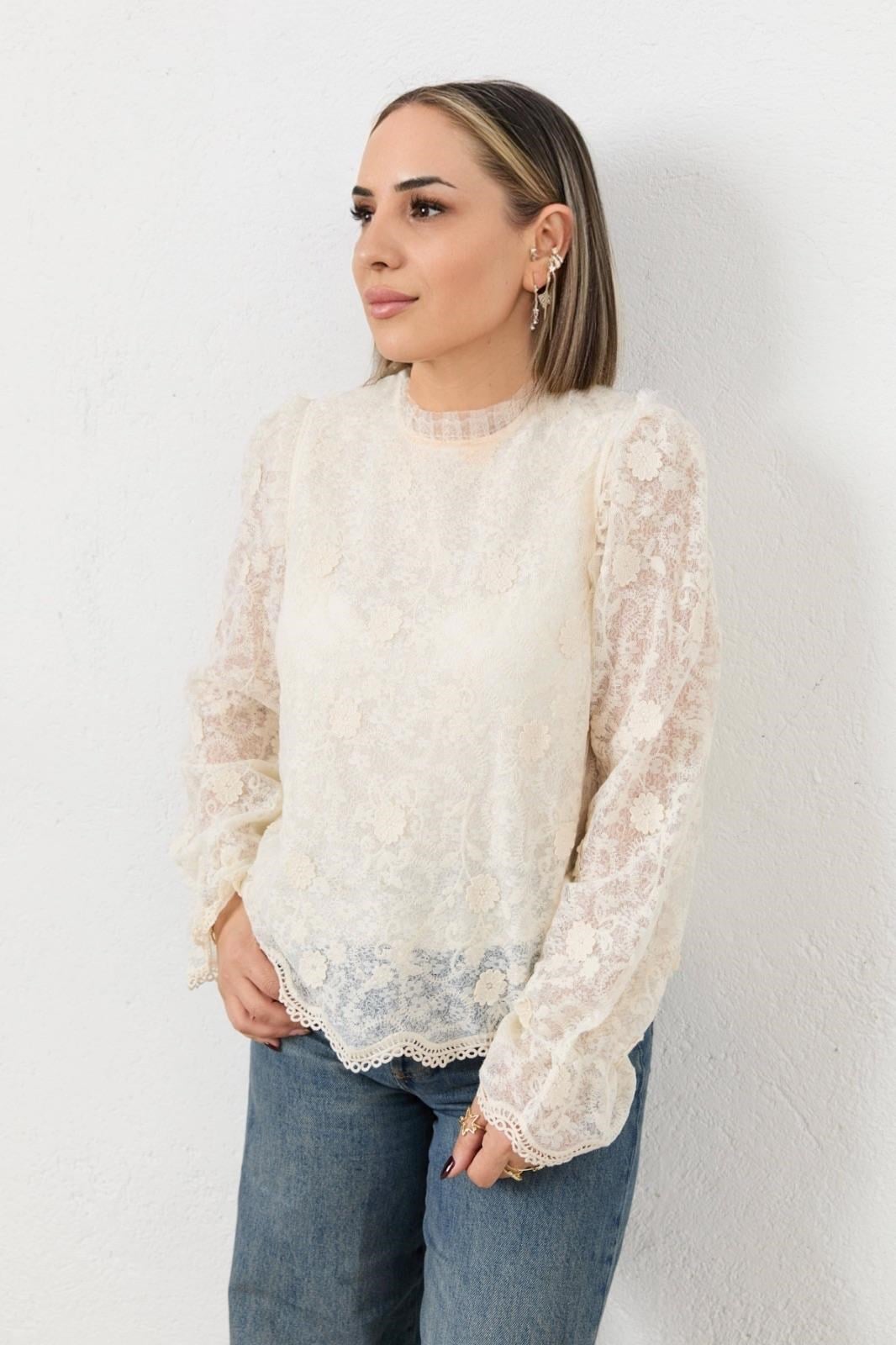 Premium Kalite Bisiklet Yaka Fisto Dantel Detaylı Bluz
