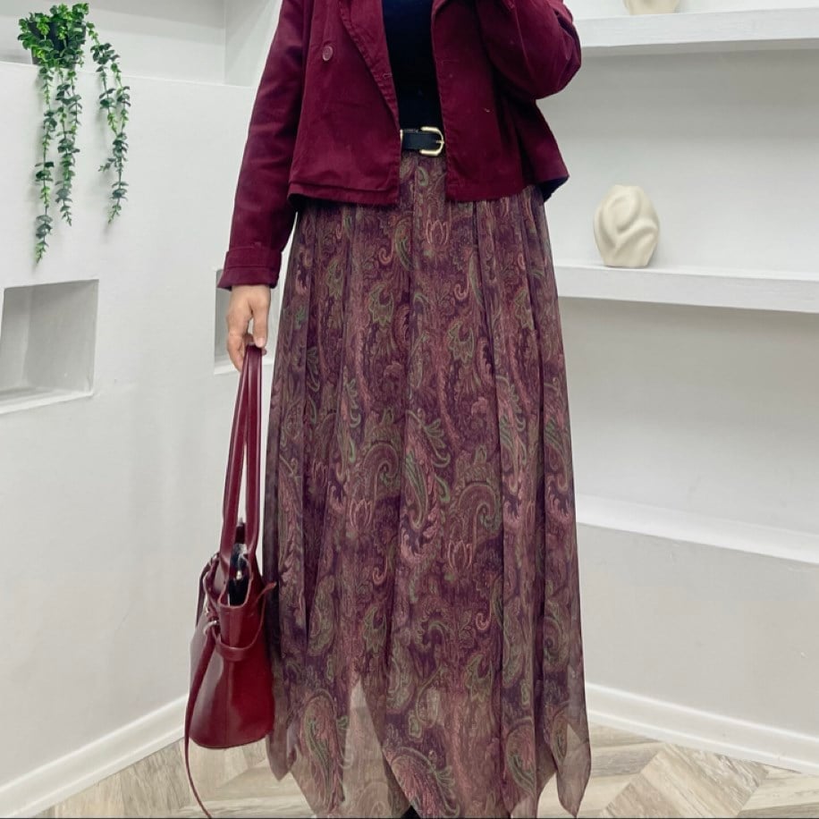 ASİMETRİK KESİM ETNİK DESEN ETEK BORDO 