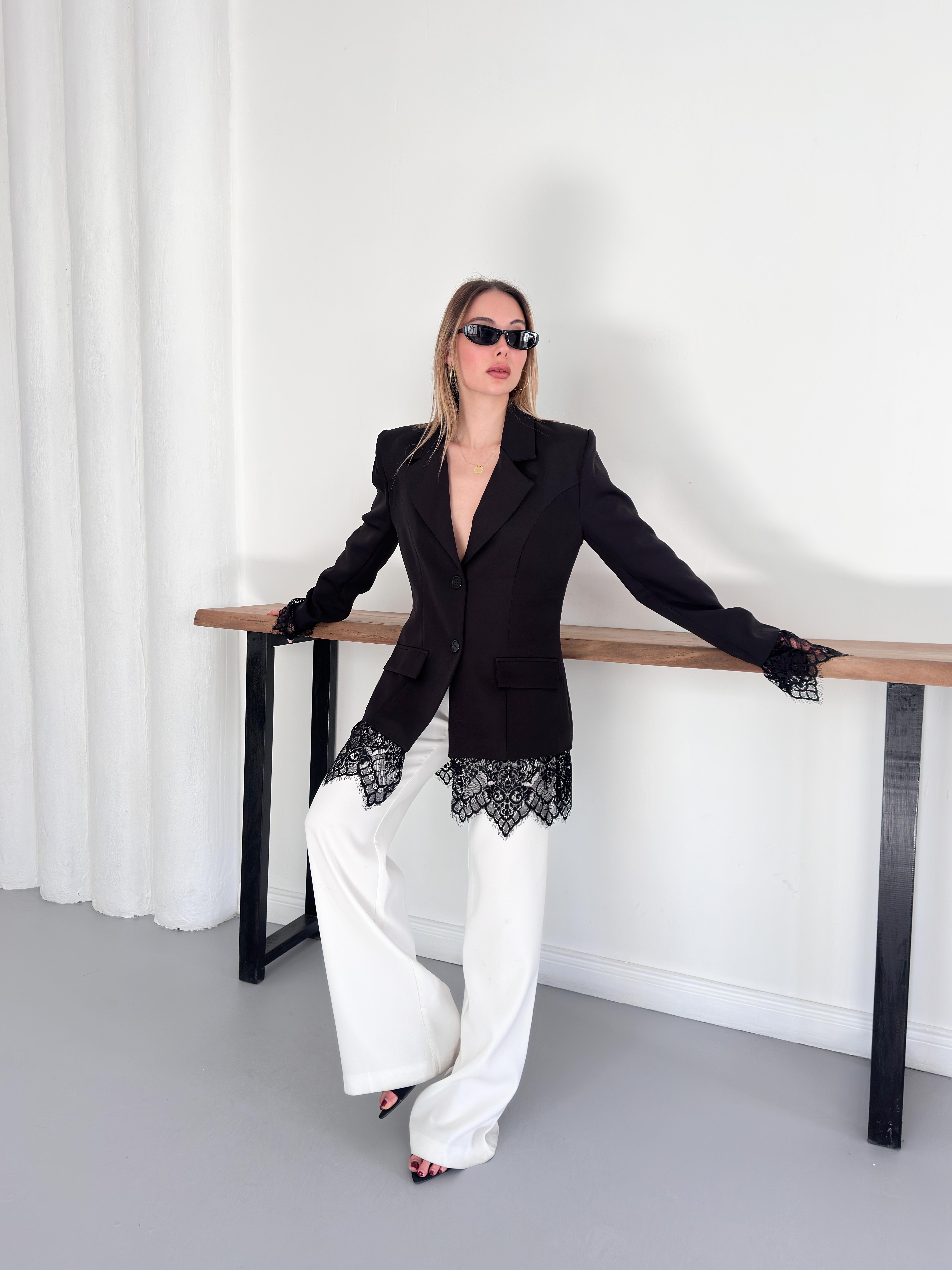 Fantoye Bayan Patchwork Dantel Blazer ceket siyah