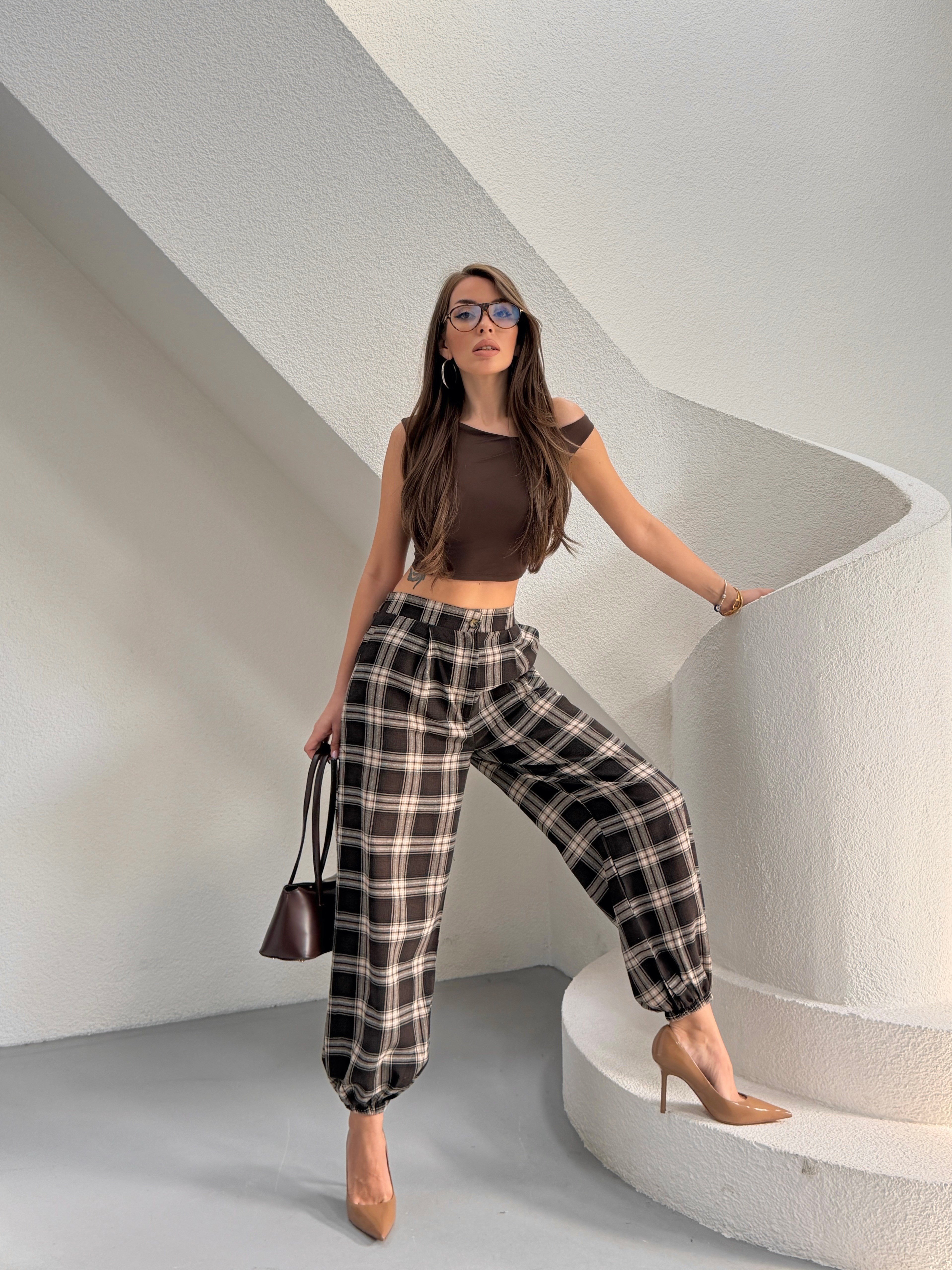 Jolene Ekoseli Kahve Şalvar Pantolon