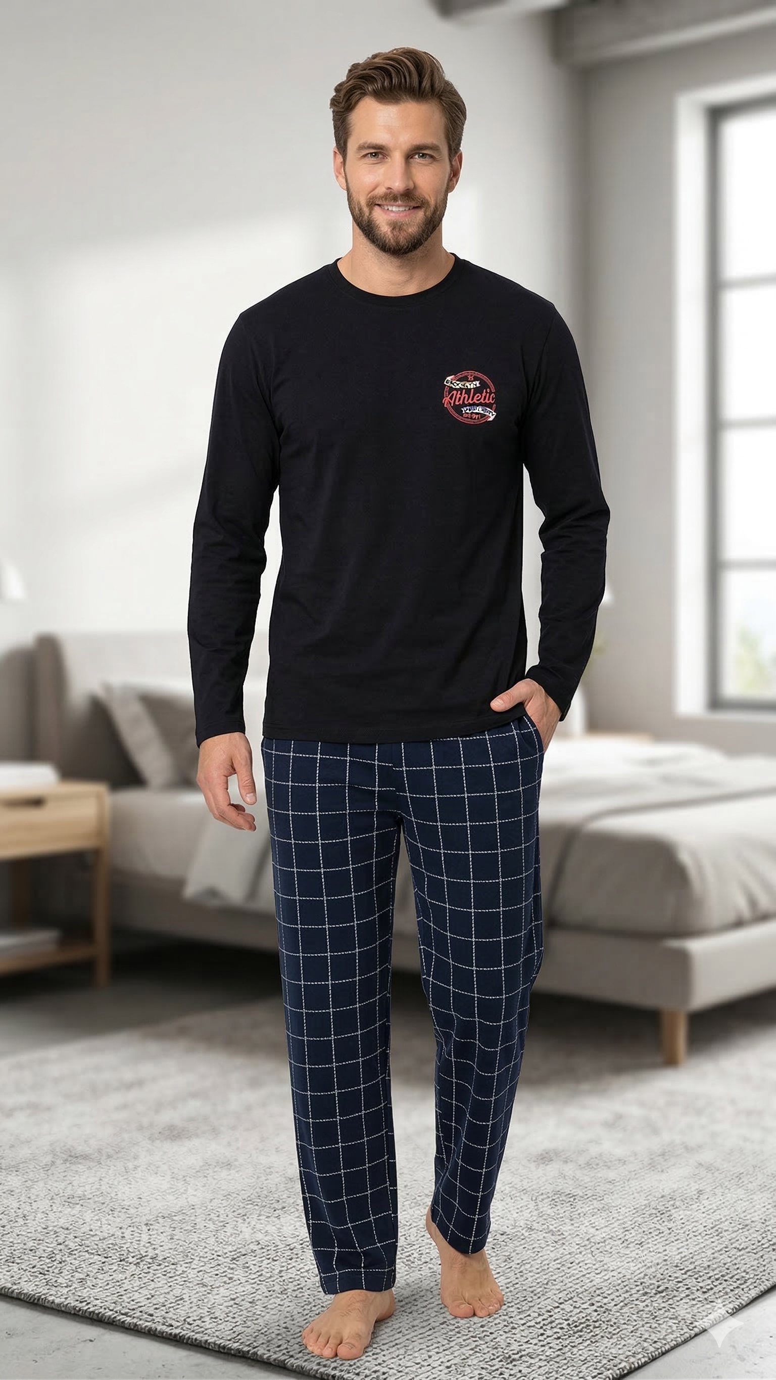 PİJAMANGEL Ekoseli Lacivert Pijama Takımı