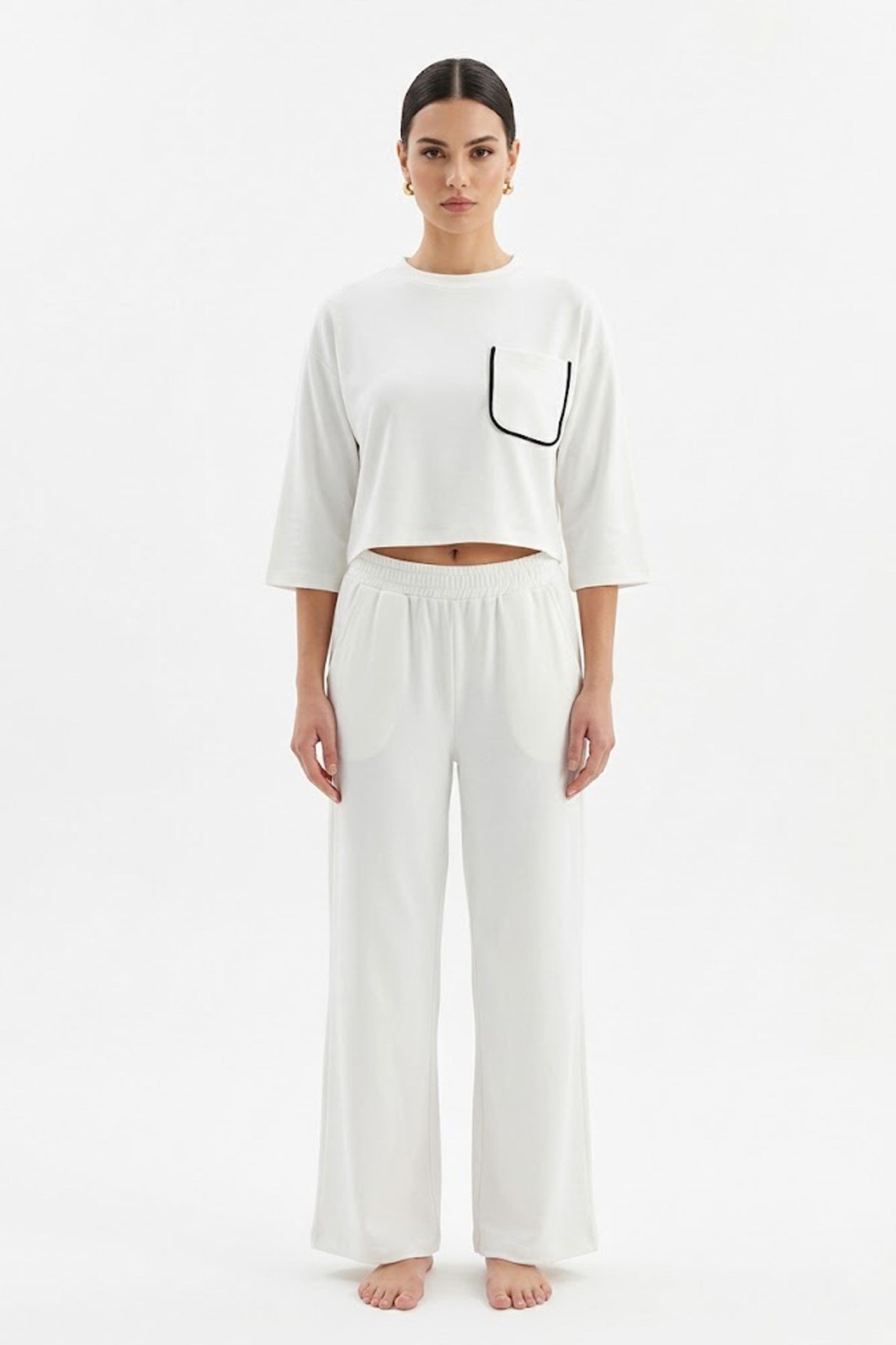 Cix Line Kadın Beyaz Relax Fit Likralı Polyviscon Crop Tişört Ve Geniş Paça Pantolon İkili Takım