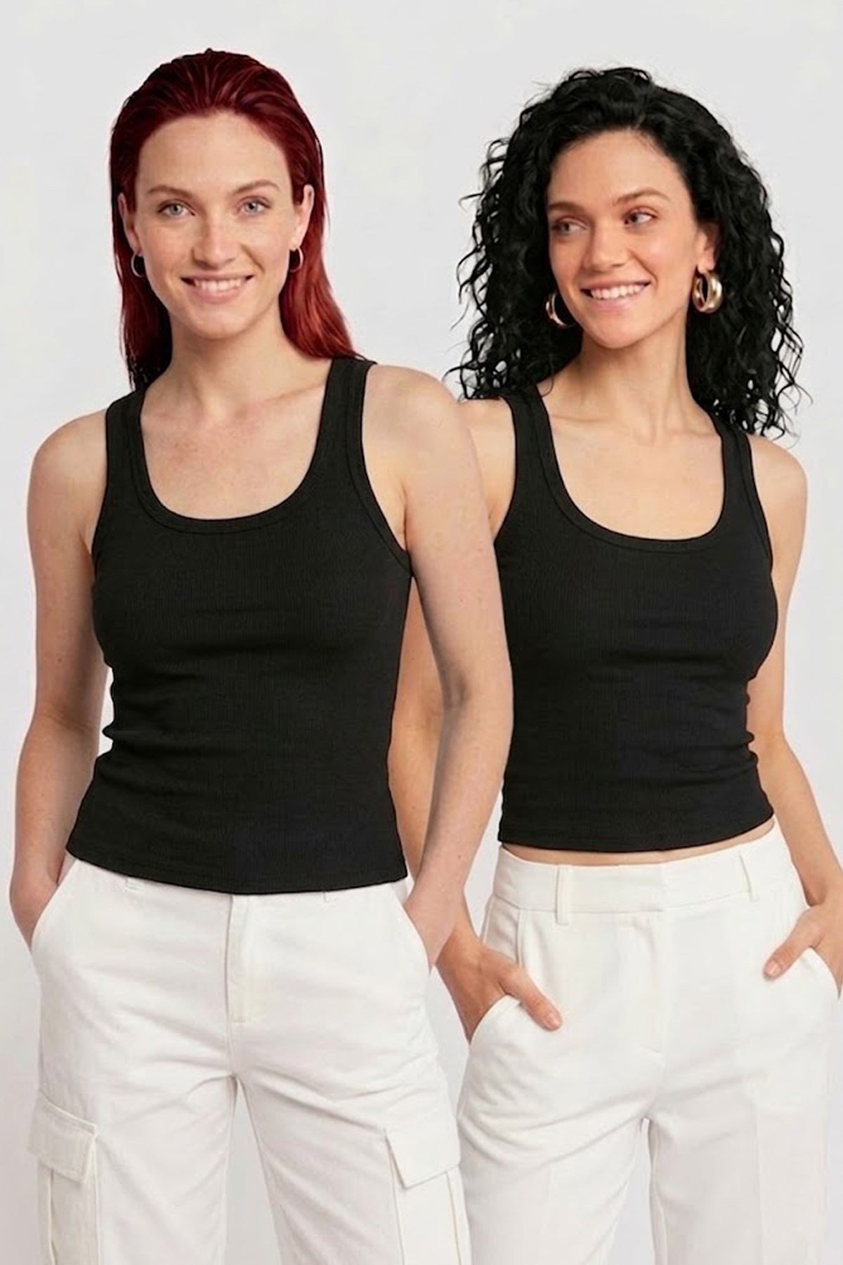 Lady Bom Kadın 2'li Set Premium Ribanalı Kaşkorse Siyah Basic Fitilli Pamuklu Esnek Bluz Atlet