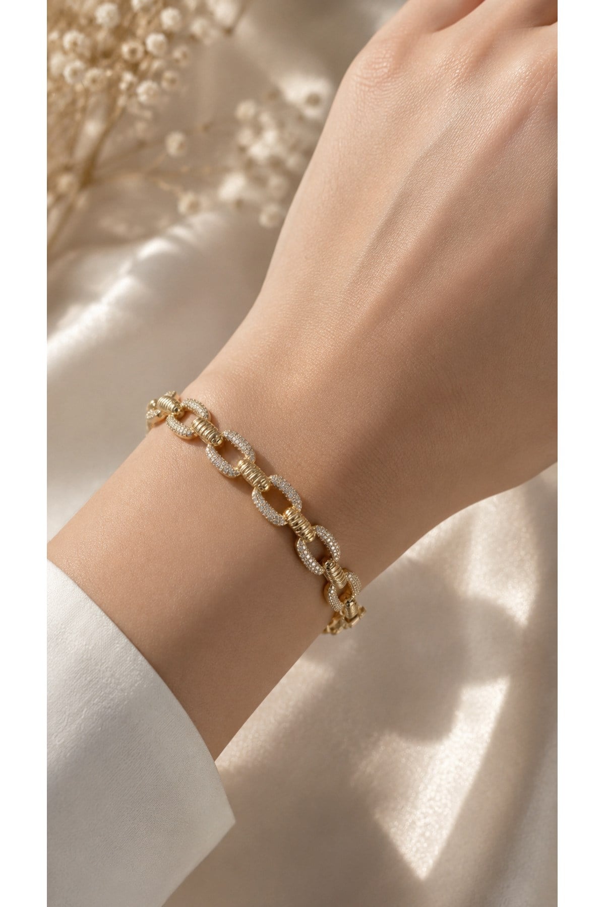 Çelik 14K Gold Zirkon Taşlı Zincir Bileklik