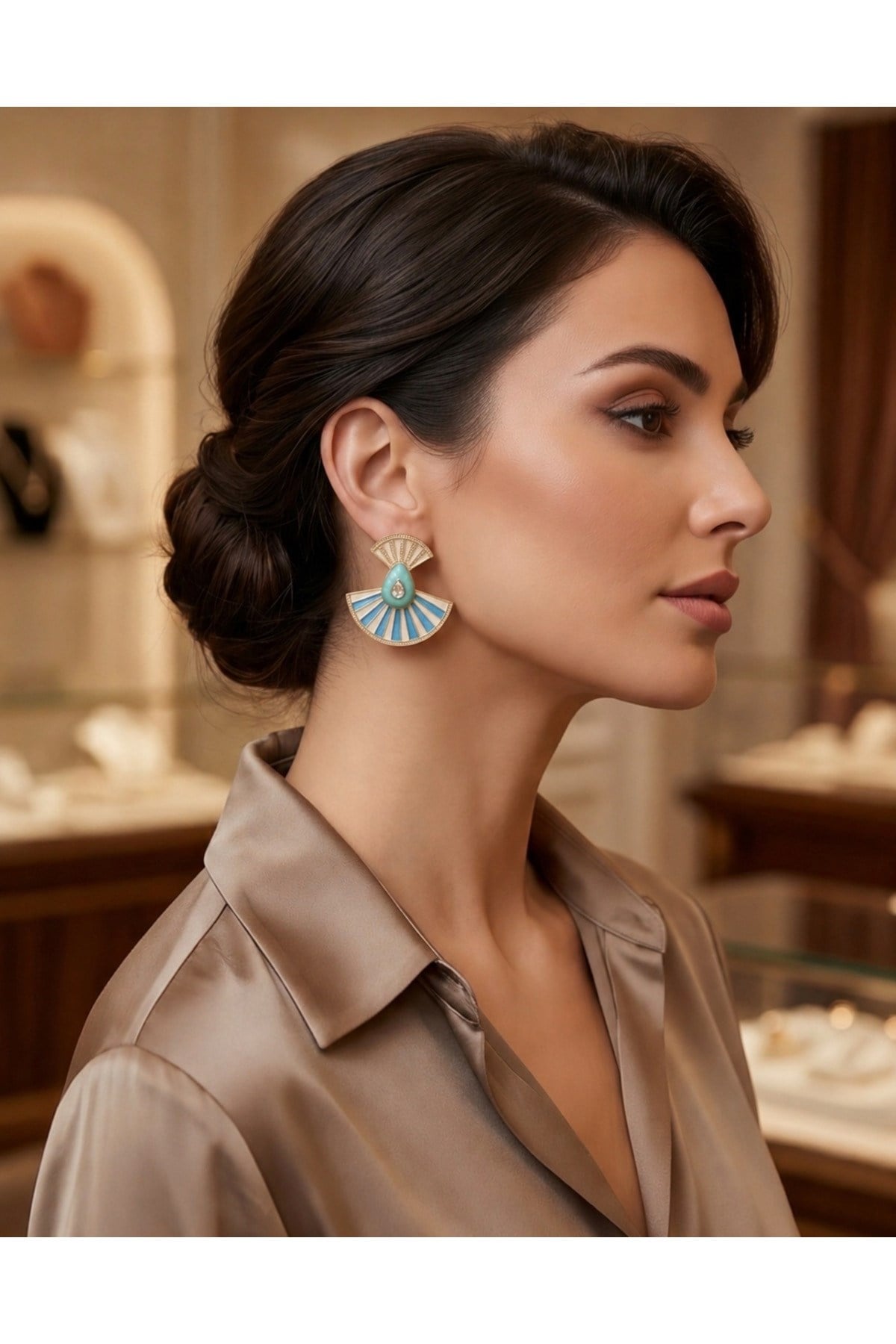 Turkuaz Taşlı Yelpaze Model Gold Kadın Küpe